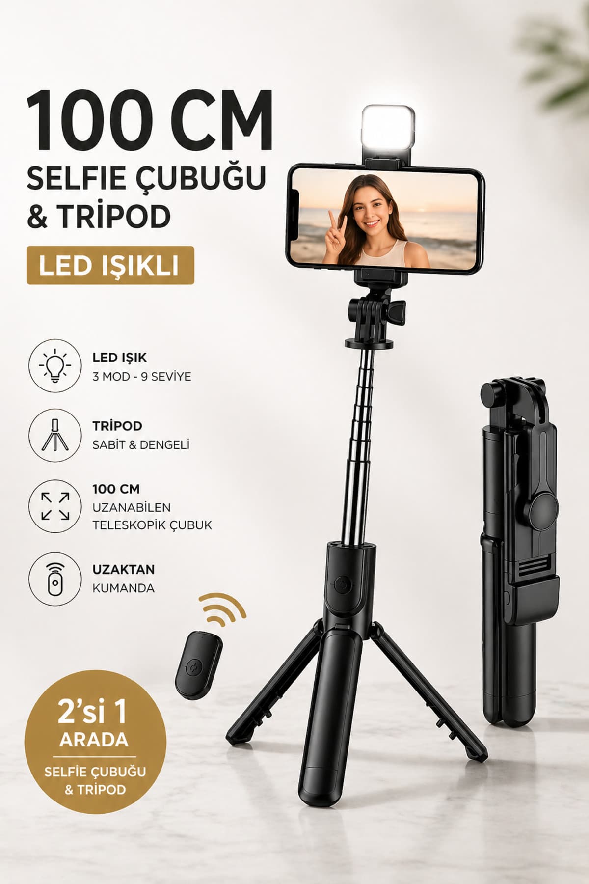Tripod Bluetooth Kumandalı Işıklı Kablosuz Selfie Çubuğu Yeni Model Youtuber
