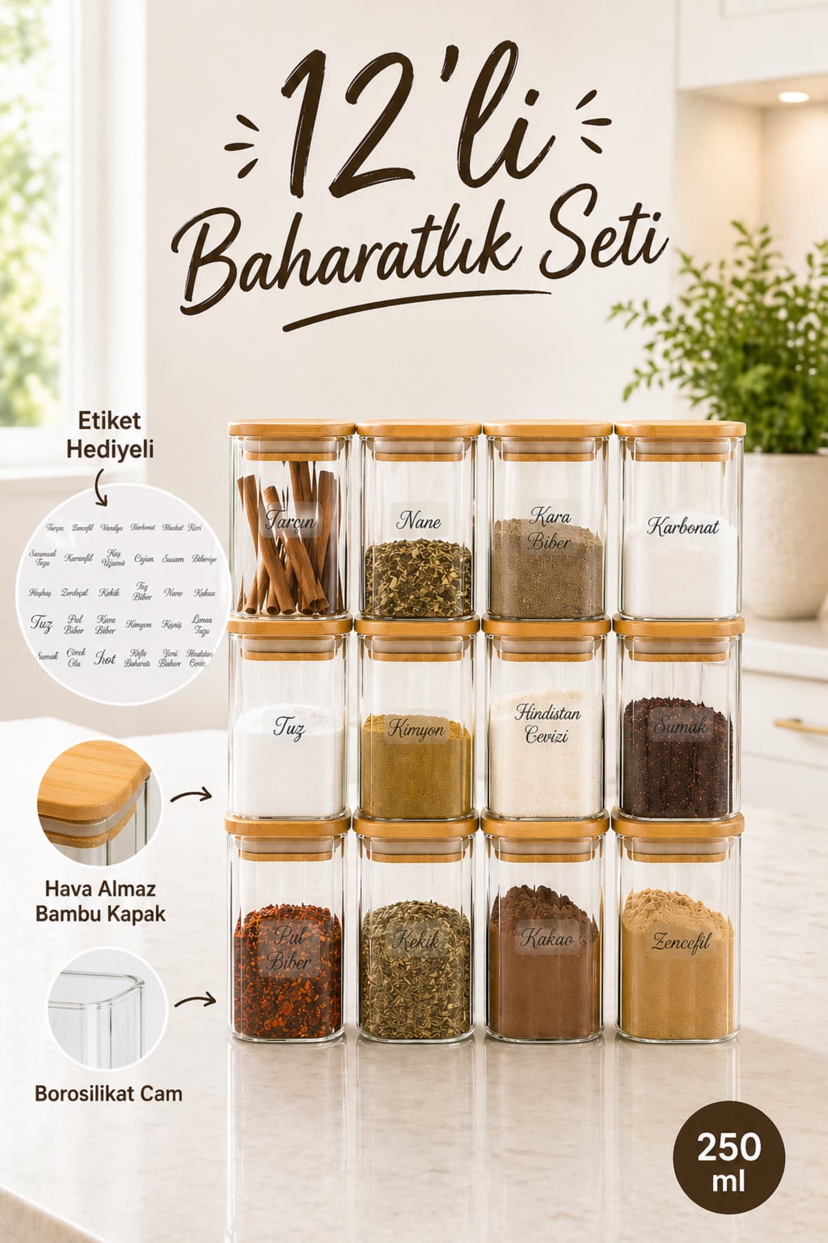 naturelove 12'li Bambu Vakum Kapaklı Pinterest Tasarım Baharatlık Saklama Kabı - Borosilikat Cam Mini Kavanoz Seti 250 ml