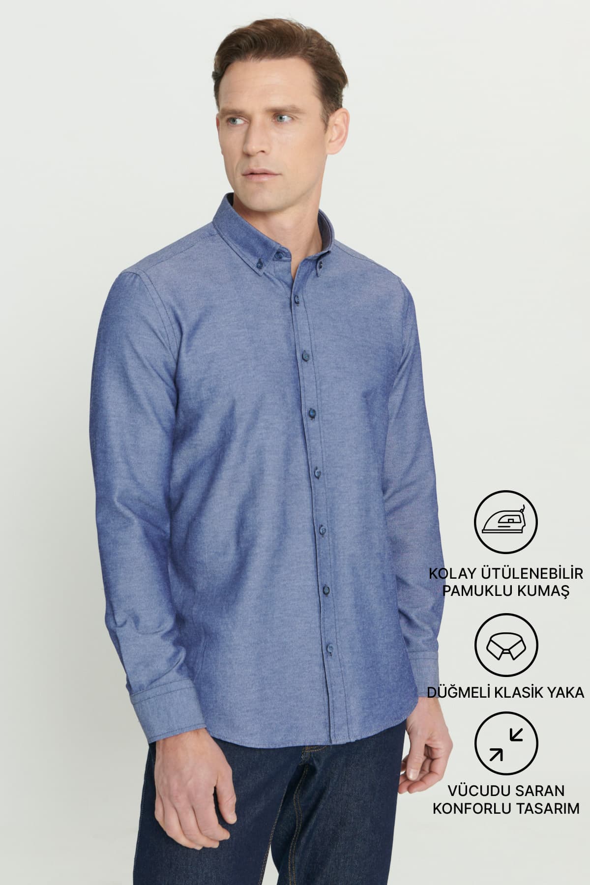 AC&Co / Altınyıldız Classics Erkek Oxford Kolay Ütülenebilir Terletmez Pamuklu Gömlek Lacivert Düğmeli Yaka Slim Fit Dar Kesim