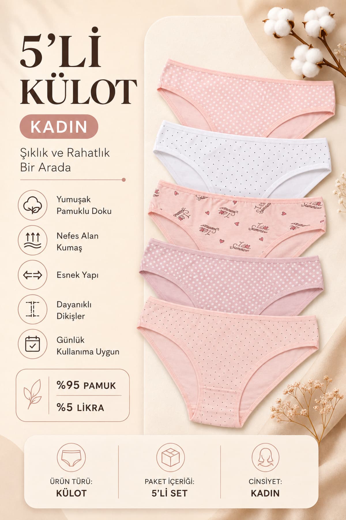 Nicoletta Kadın Külot 5 Li Paket Likralı Pamuklu Baskılı