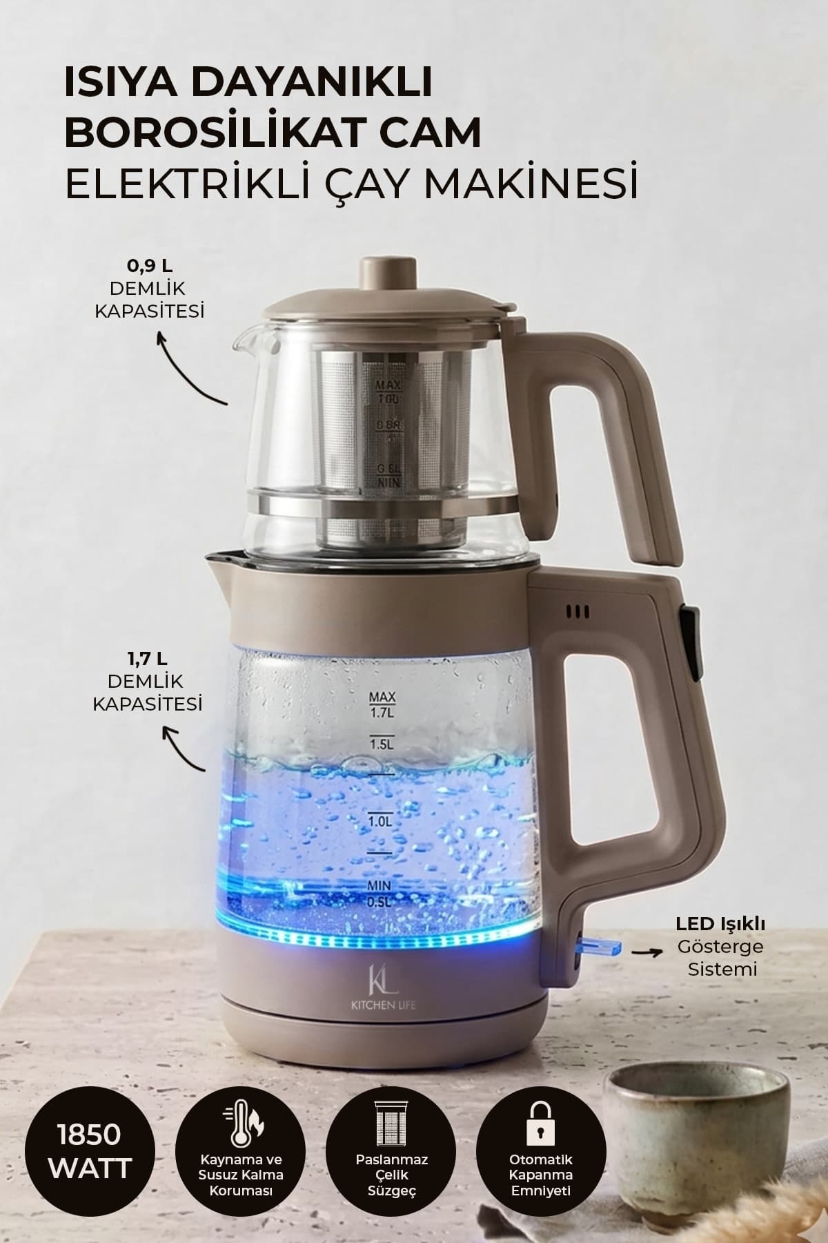 Kitchen Life Demzade Isıya Dayanıklı Borosilikat Cam Elektrikli Alt 1,7 LT Üst 0,9 LT Çay Makinesi 1850-2200 W Kettle Çaycı Çay Seti