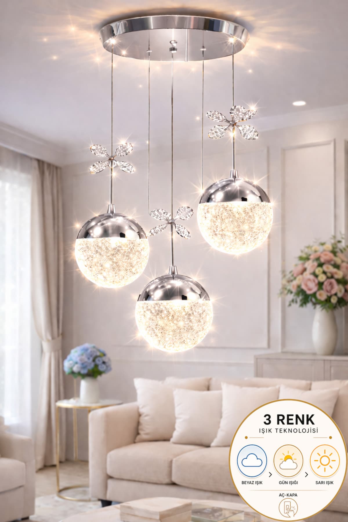 Luna Lighting Grate Model 3 lü Krom Kaplama 3 RENK Salon Mutfak Oturma Yatak Odası Modern Led Avize