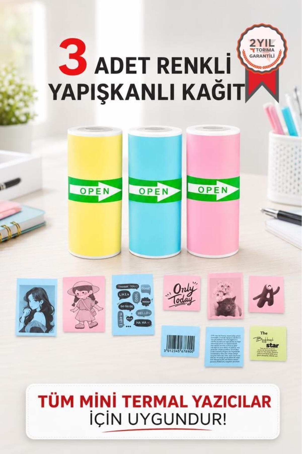 Torima Termal Rulo Kağıt Yapışkanlı Etiket Sticker Tüm Mini Makinalarla Uyumlu 1 Paket (3 Adet) Renkli