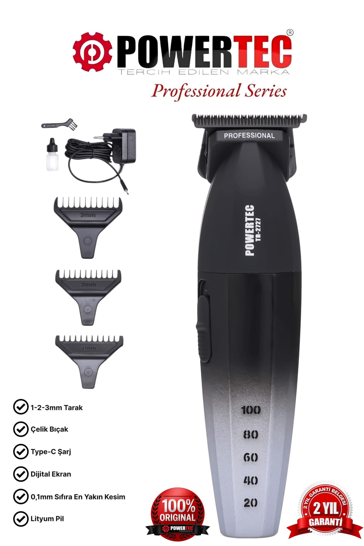 Powertec TR-2727 Black Profesyonel Type-C Şarjlı Sakal Ense Çizim Tıraş Makinesi