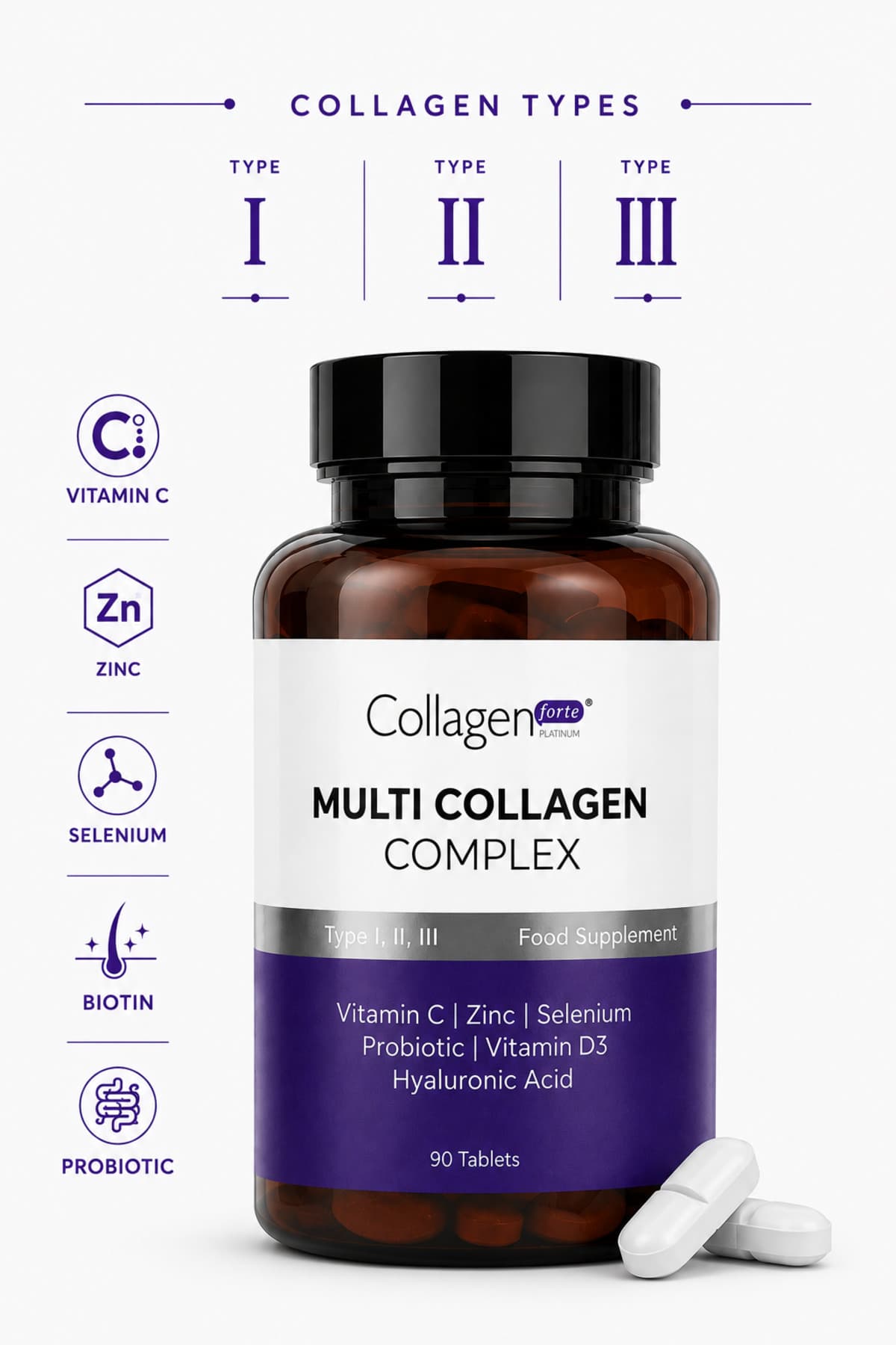 Collagen Forte Platinum Multi Kolajen Komplex, Probiyotik & Multivitamin 1500 mg x 90 Tablet