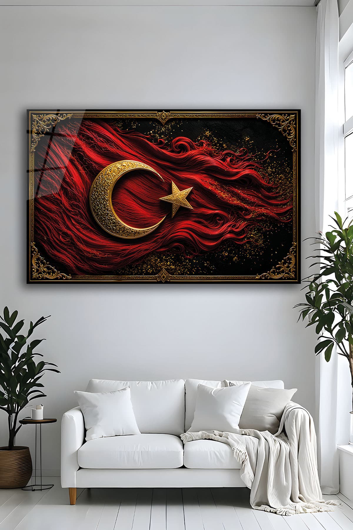 Parıltı Yayınları Gold Ay Yıldız Türk Bayrağı Cam Tablo Yatay Ofis Ev Makam Odası Duvar Dekoru