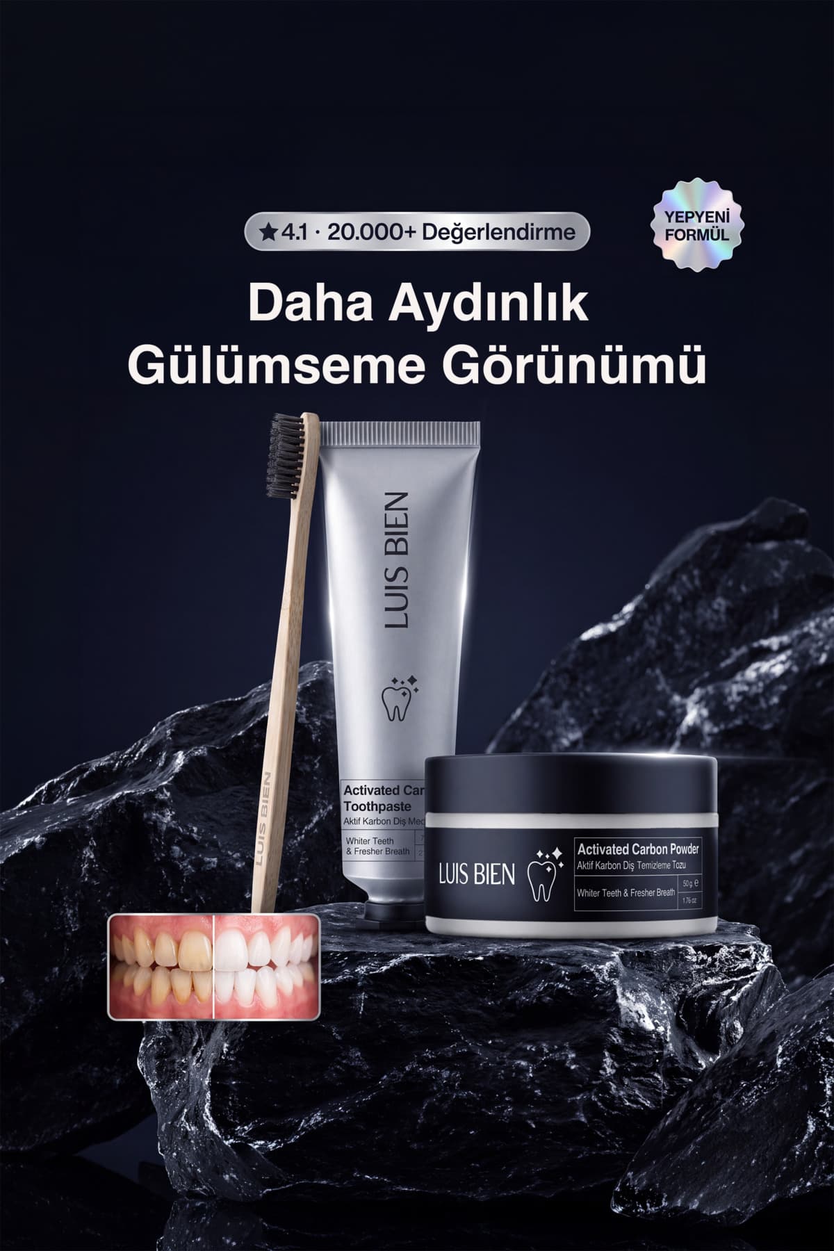 Luis Bien Aktif Karbon Diş Temizleme ve Beyazlatma Seti | Macun + Toz + Bambu Fırça