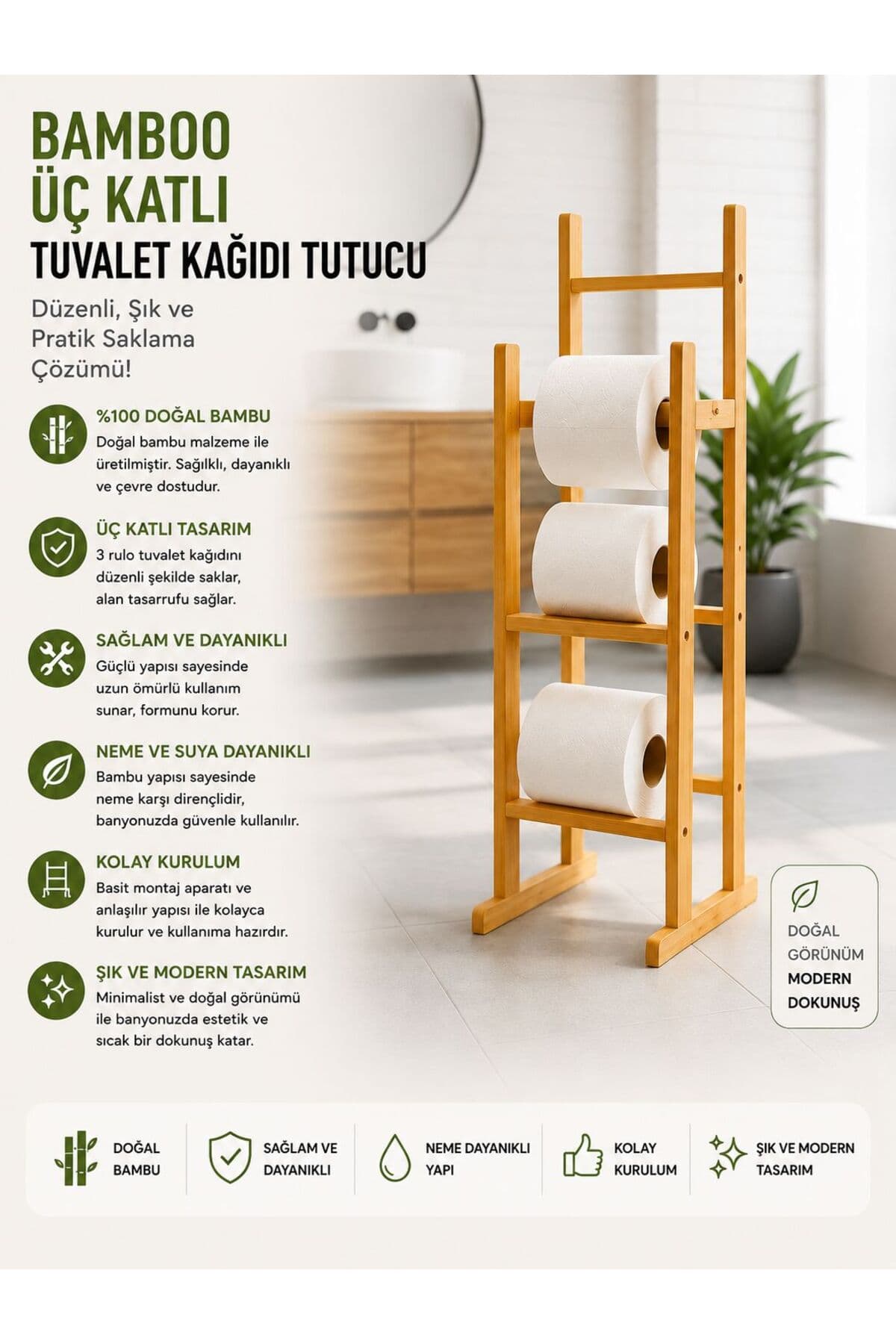 Myplas Modern Ayaklı Bambu Tuvalet Kağıtlığı