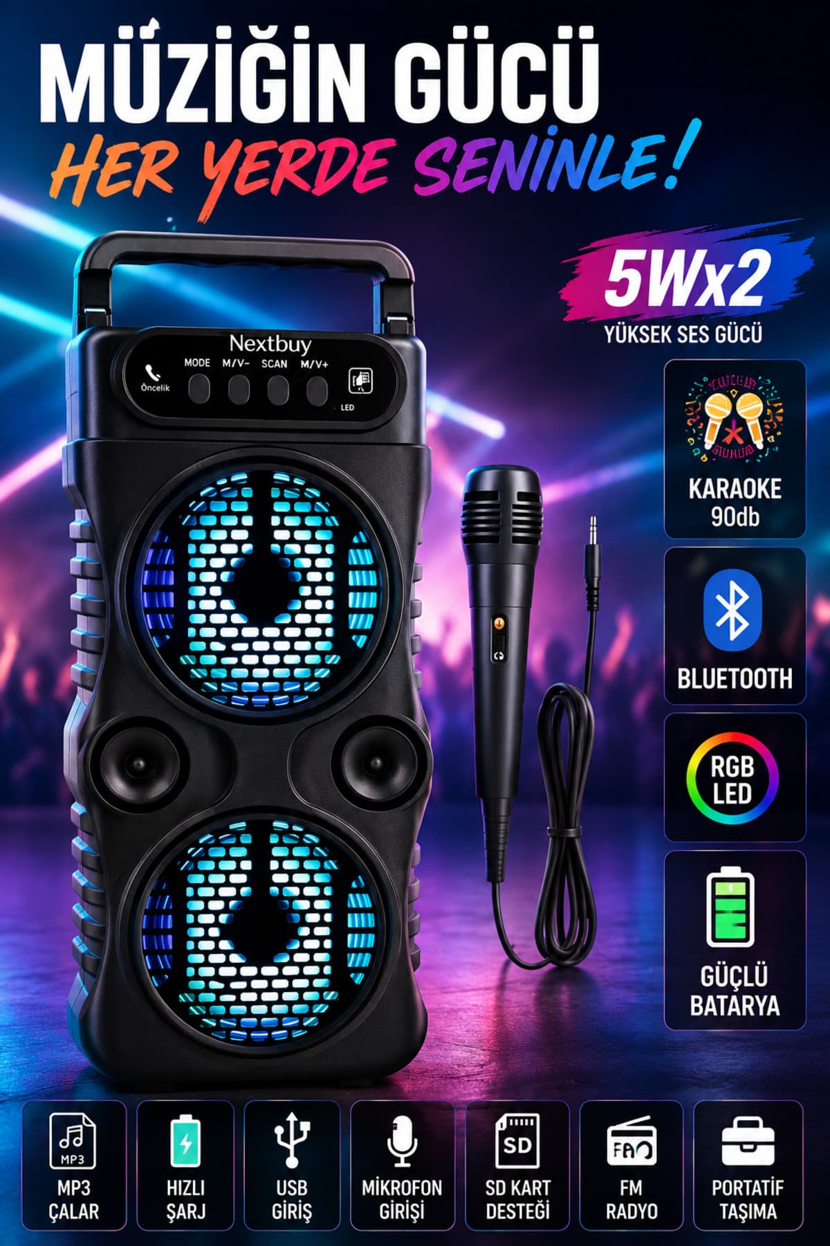 nevaport Bluetooth Hoparlör Parti Hoparlörü Kablosuz Speaker Ledli Ses Bombası Radyo Usb Sd Kart Girişli