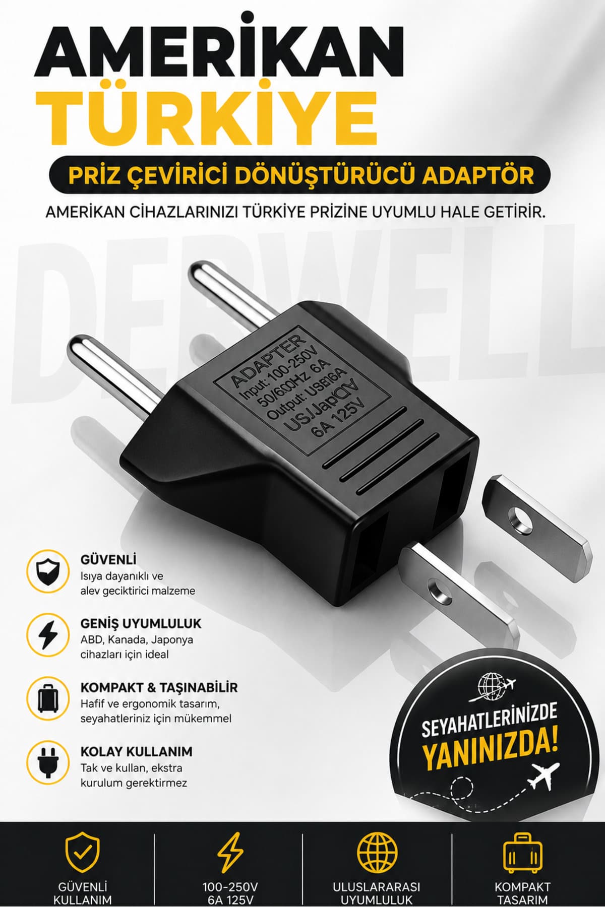 Derwell Amerikan - Türkiye Priz Çevirici Dönüştürücü Adaptör Piriz Ucu Jak Çevirici Adaptör Avrupa Türk Çevirici Jak Siyah
