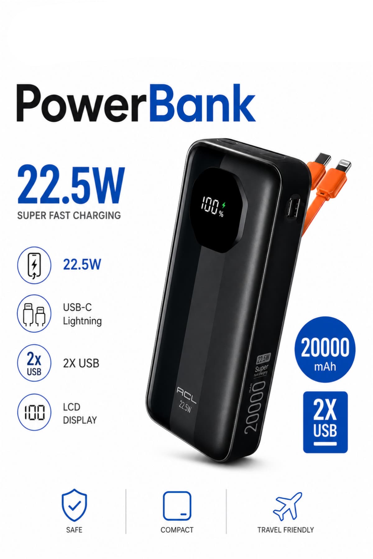 XINMENG 20000 mAh Powerbank 22.5W Süper Hızlı Şarj Dahili Kablolu Type-C Lightning Taşınabilir Powerbank LCD Göstergeli Harici Batarya