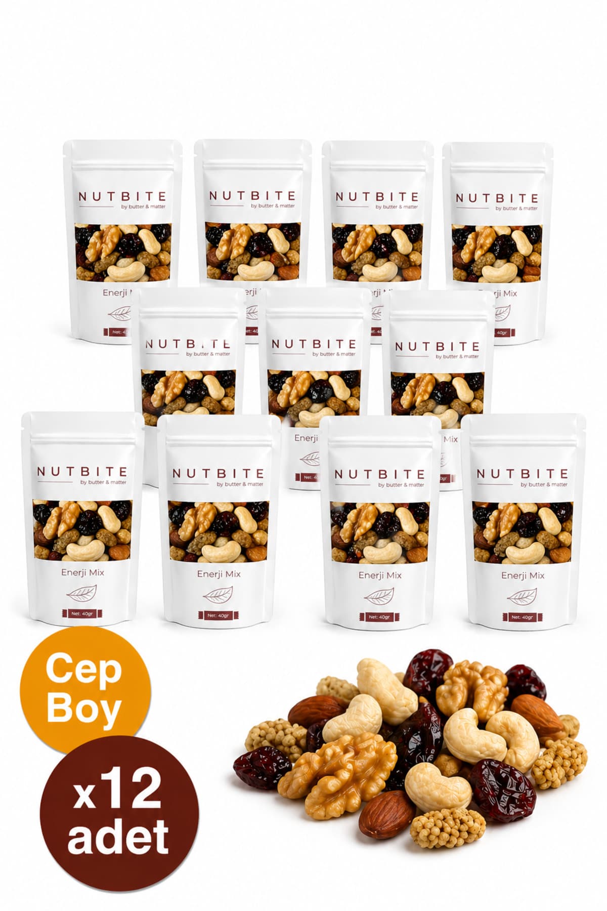 NUTBITE 12'li Cep Boy Enerji Mix - (Çiğ Karışık Kuruyemiş) - Sağlıklı Atıştırmalık - 12x40gr