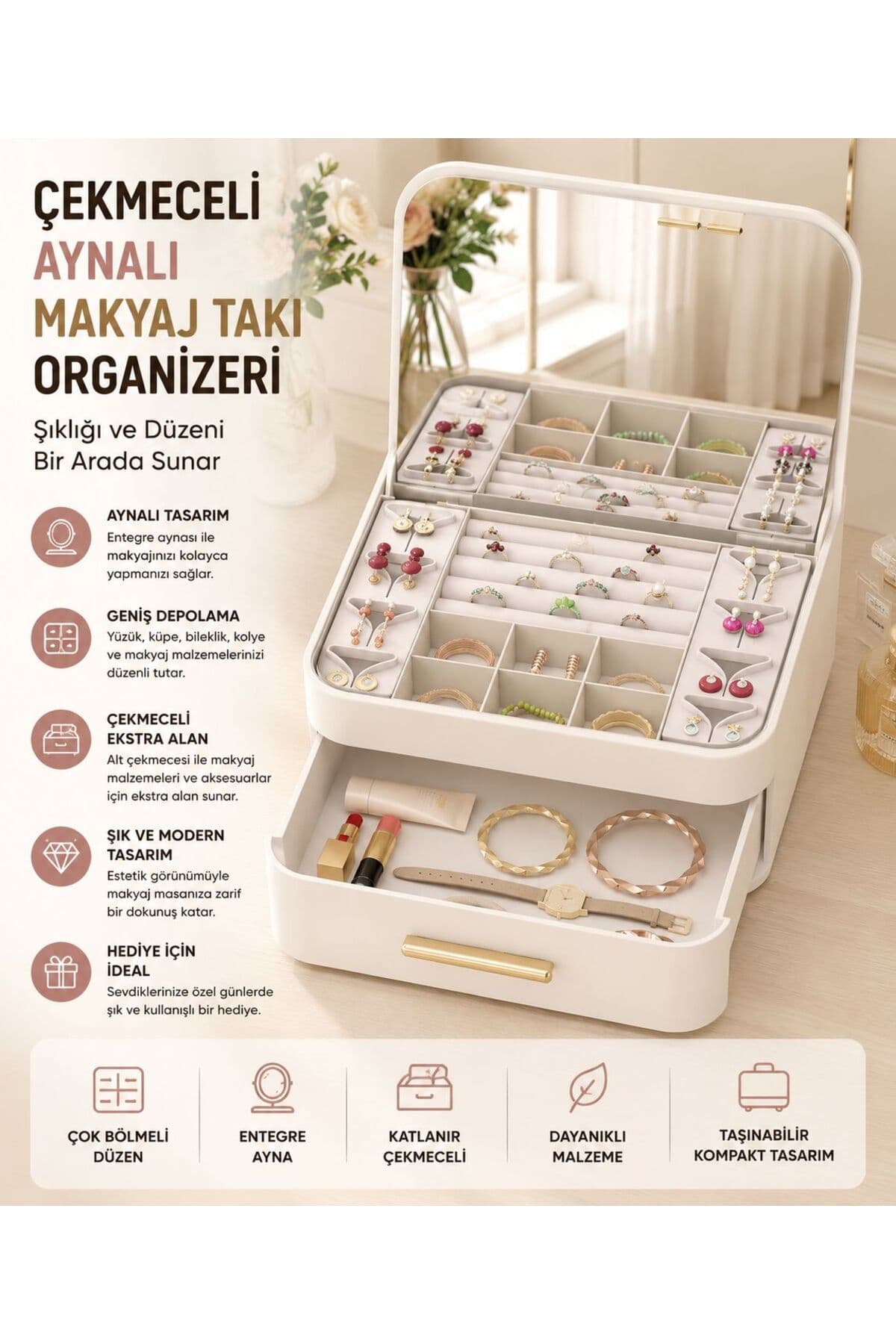 Urve House By House Çekmeceli Aynalı Çok Bölmeli Makyaj Takı Organizer Krem