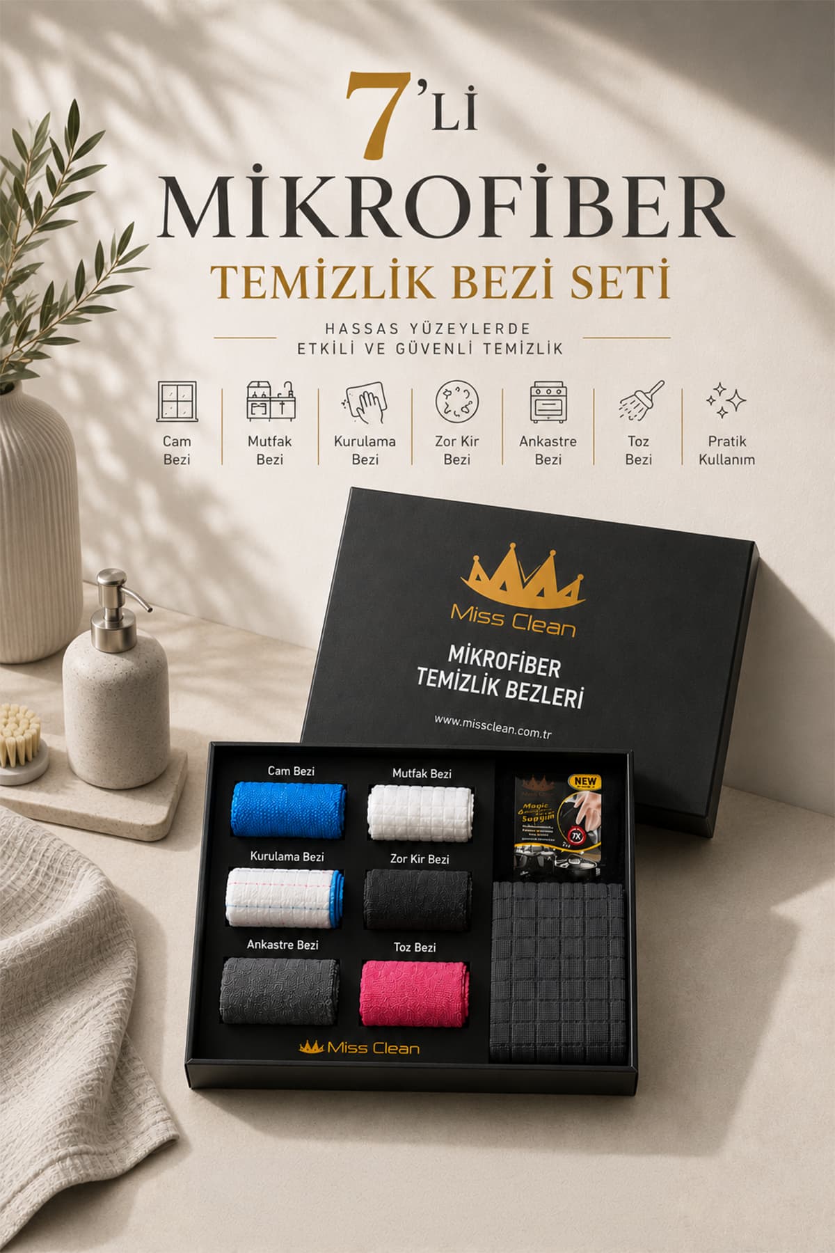 MissClean 7’li Mikrofiber Temizlik Bezi Seti – Miss Clean Kalitesiyle Camdan Ankastreye Her Yüzey İçin