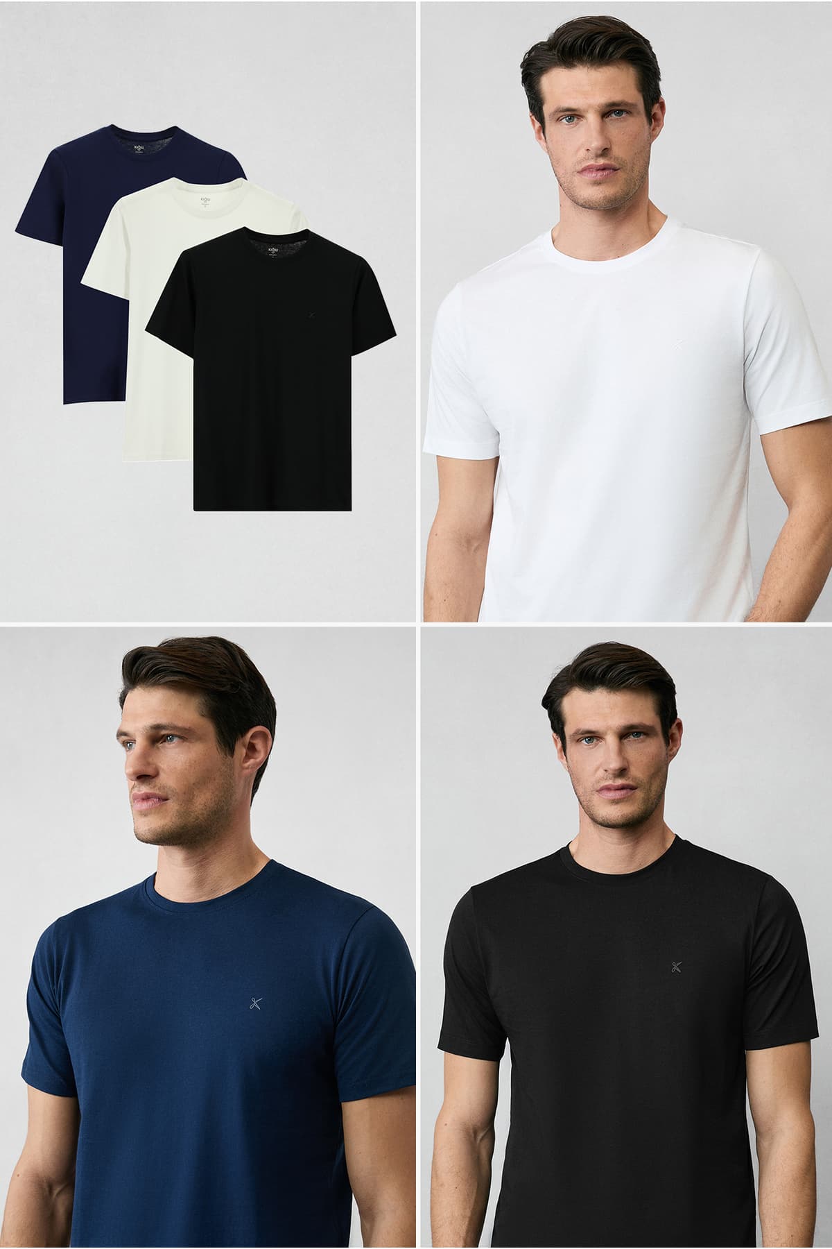 Kiğılı Bisiklet Yaka Regular Fit %100 Pamuk 3'Lü Paket Tişört Seti