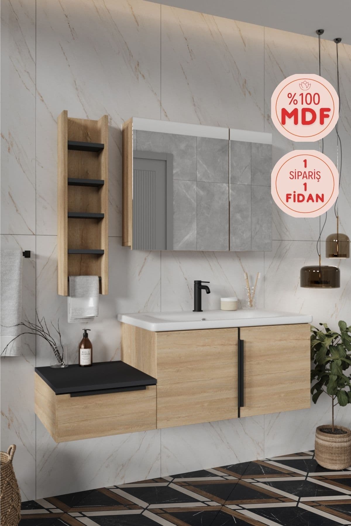 BALNEOM Banyo Zakkum 120 Cm Demonte Lavabolu Banyo Dolabı Dolaplı Aynalı Üst Dolap Havluluk
