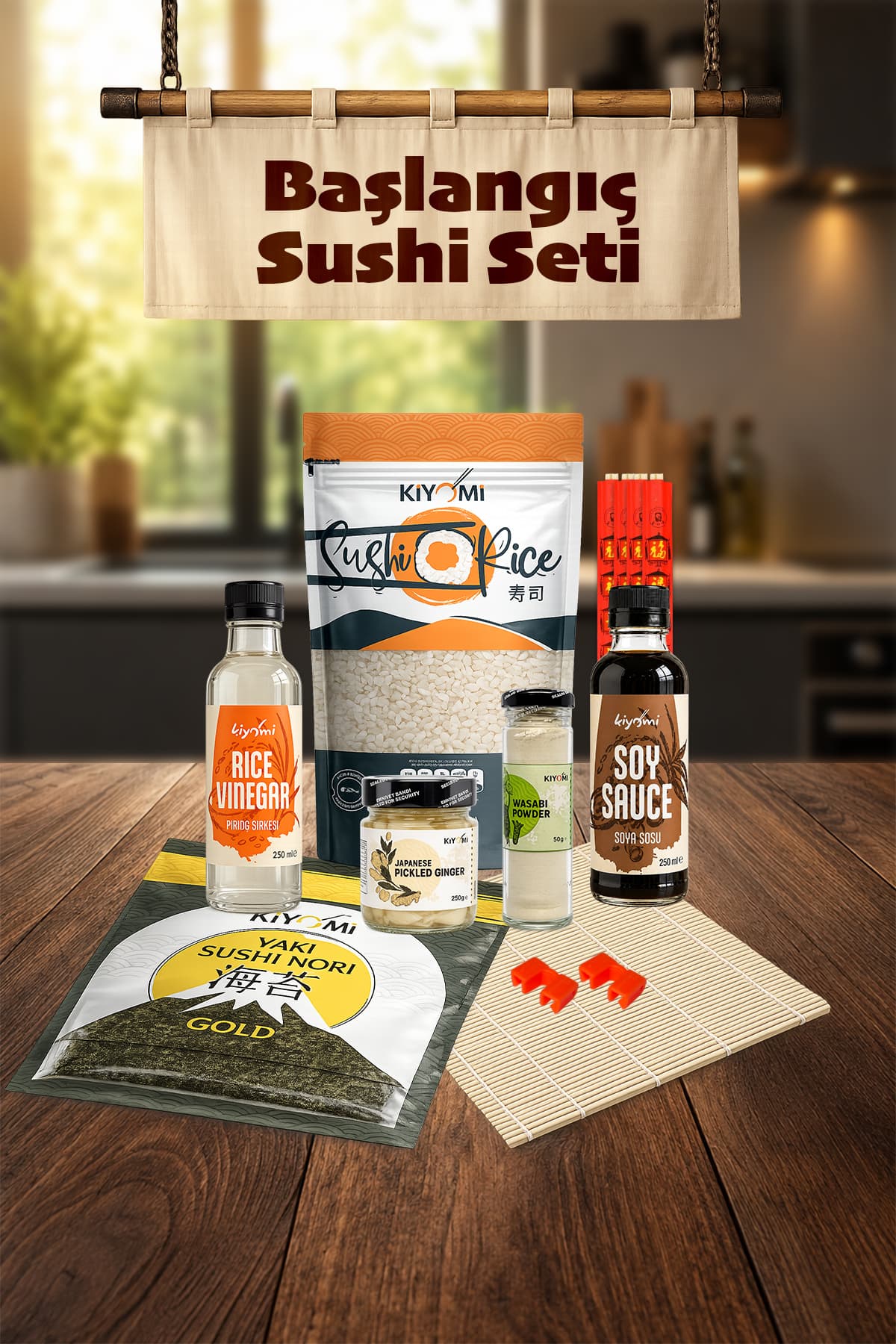 Kiyomi Başlangıç Sushi Seti - Nori, Pirinç Sirkesi , Soya Sos, Sushi Pirinci, Wasabi, Zencefil Turşusu, Mat