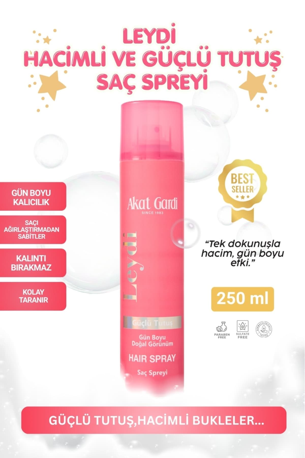 Akat Gardi Güçlü Tutuş Leydi Saç Spreyi 250 ml – Gün Boyu Doğal Görünüm ve Parfüm Etkili Koku
