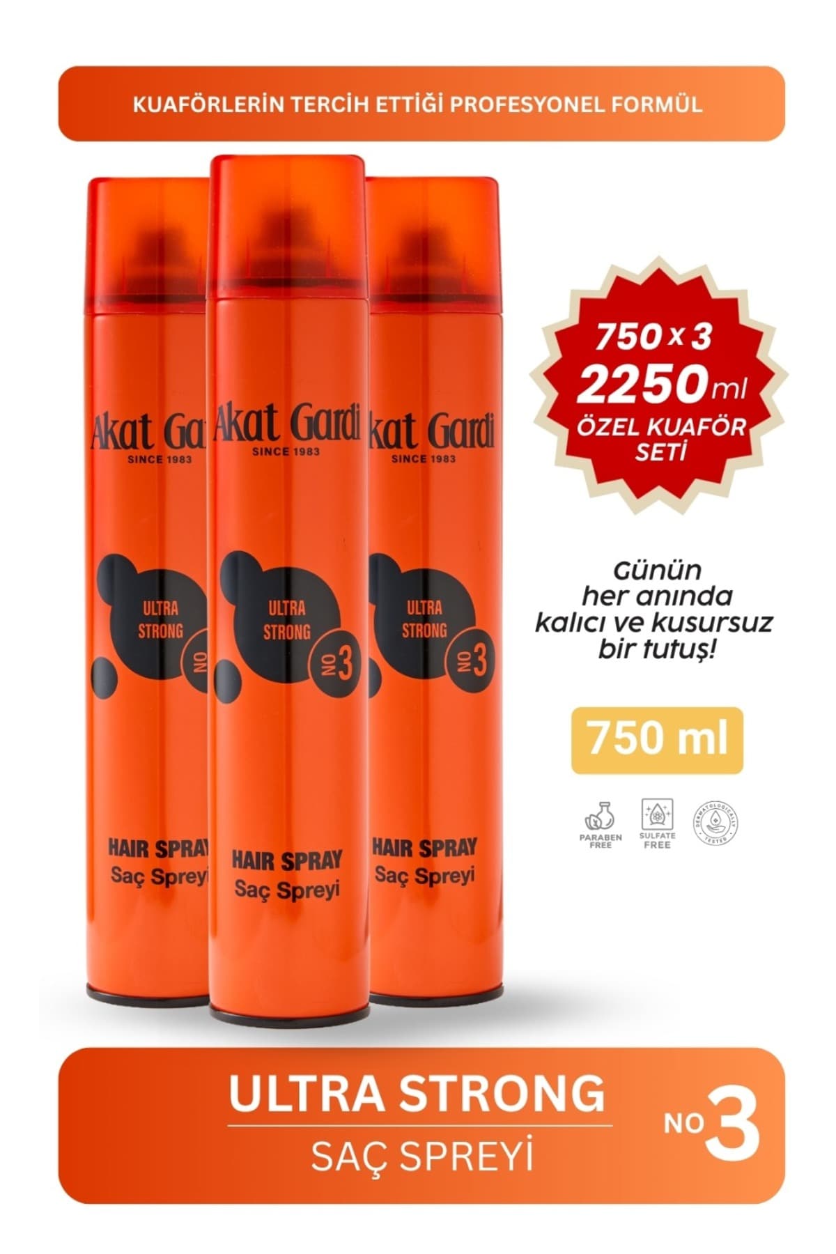 Akat Gardi Saç Spreyi Ultra Strong 750ml Dev Boy.3 Lü Özel Set