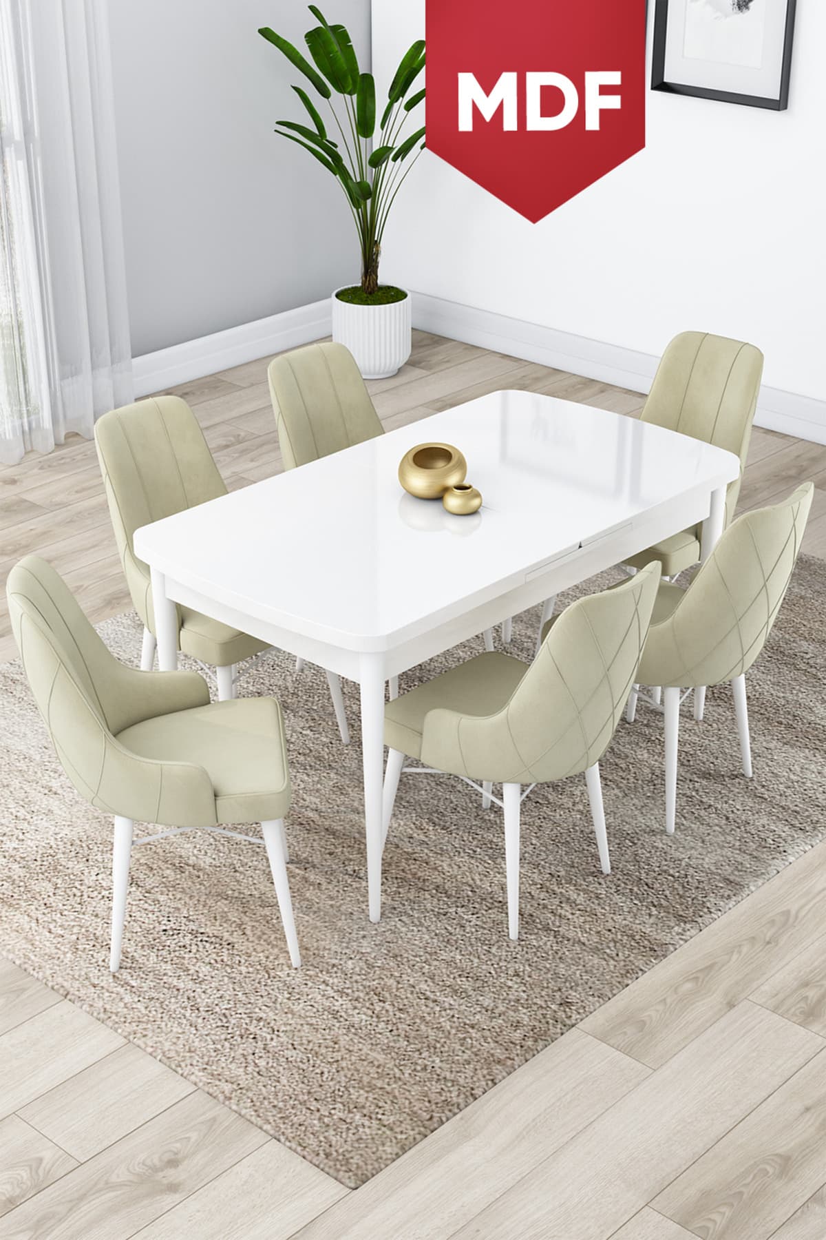 Canisa Concept Lia Serisi 80x132 MDF Açılabilir Mutfak Masası Takımı Beyaz Masa 6 Krem Sandalye