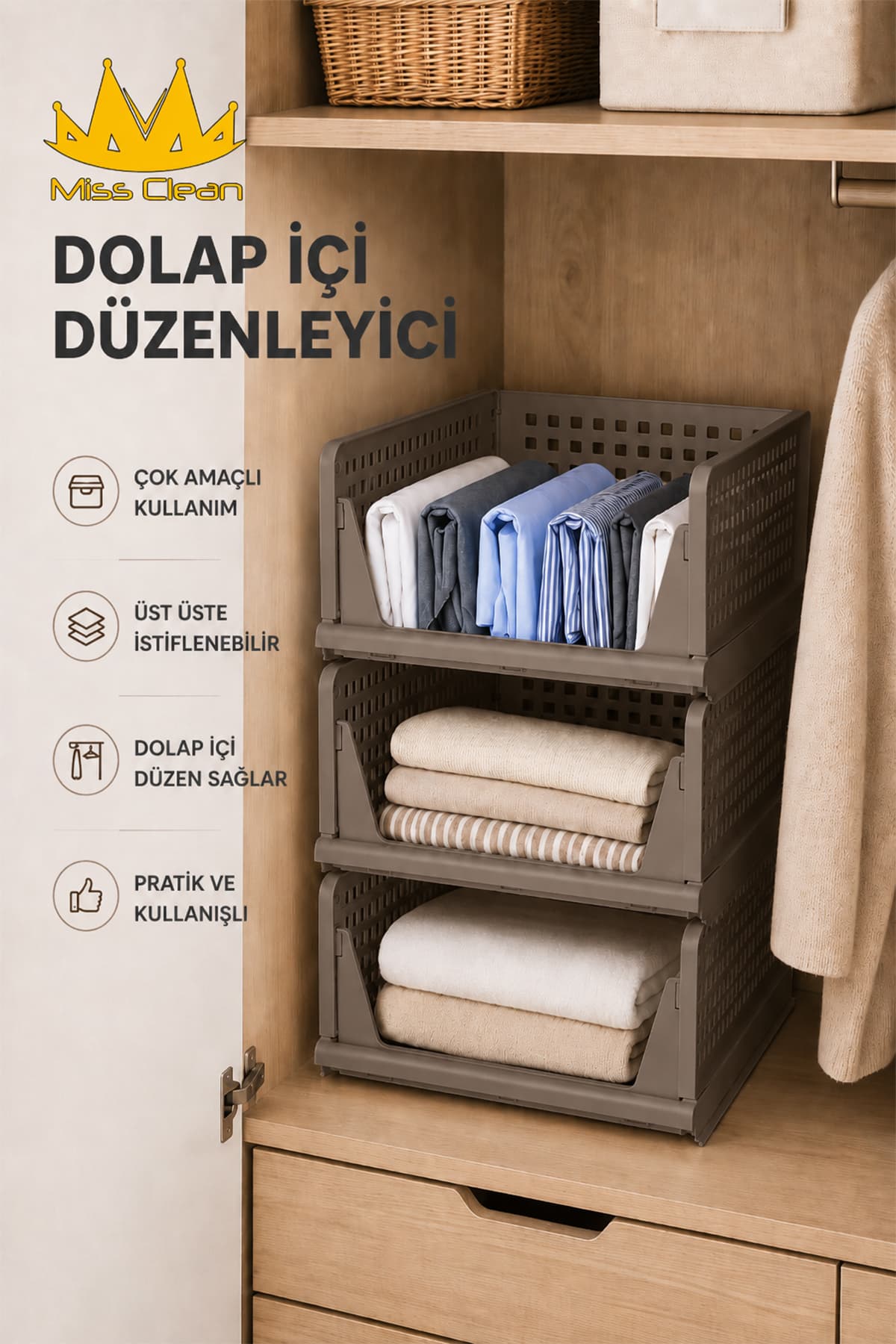 MissClean ( 3 Adet ) Toprak Kayar Raf Sistemi, Dolap Içi Düzenleyici Çekmece Ve Organizer Çok Amaçlı