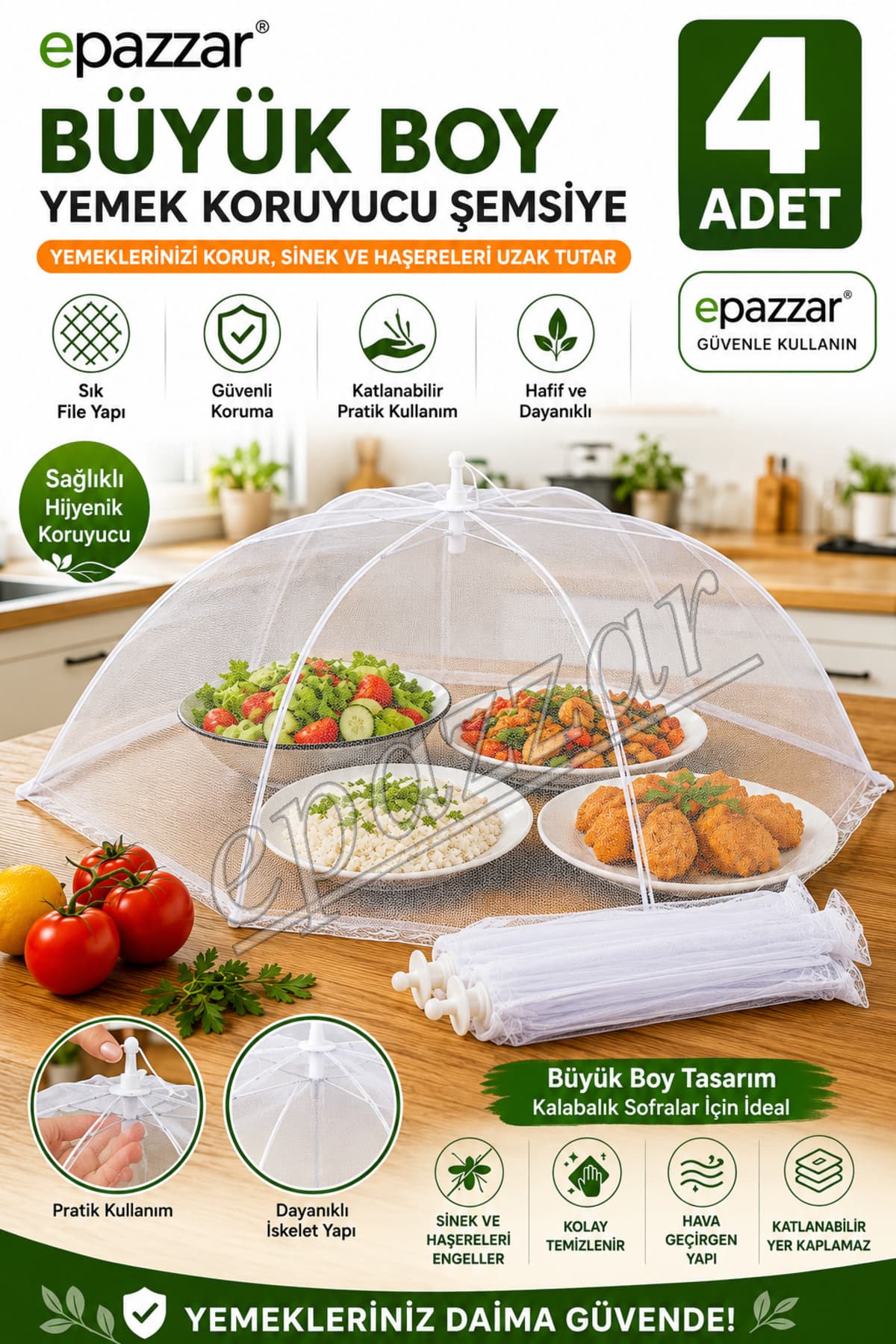 epazzar Büyük Boy Yemek Koruyucu Sineklik 4 Adet Beyaz