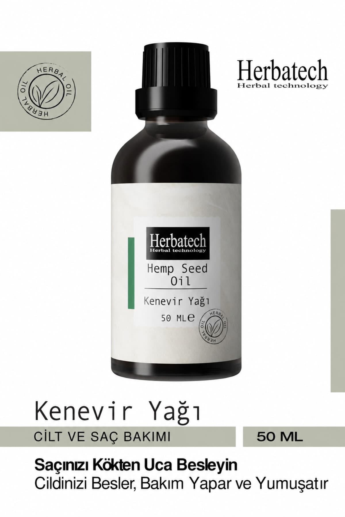 Herbatech Doğal Kenevir Yağı 50 ml - Bitkisel Saç Bakım Yağı, Saç Besleyici ve Nemlendirici Bakım Yağ