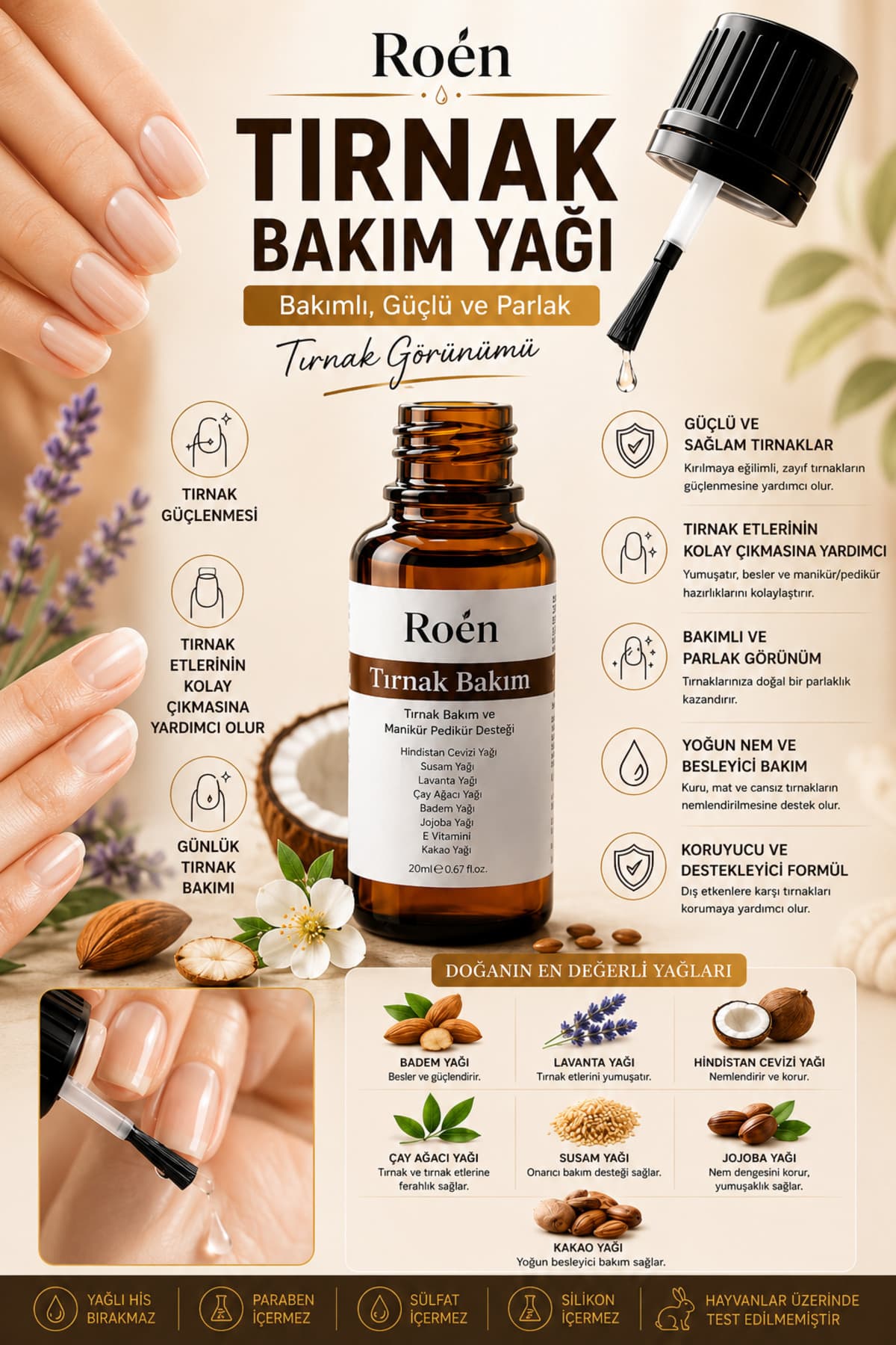 Roen Doğal Tırnak Besleyici Bakım Yağı, Tırnak Mantar, Tırnak Sertleştirme, Bakım Yağı 20 ml