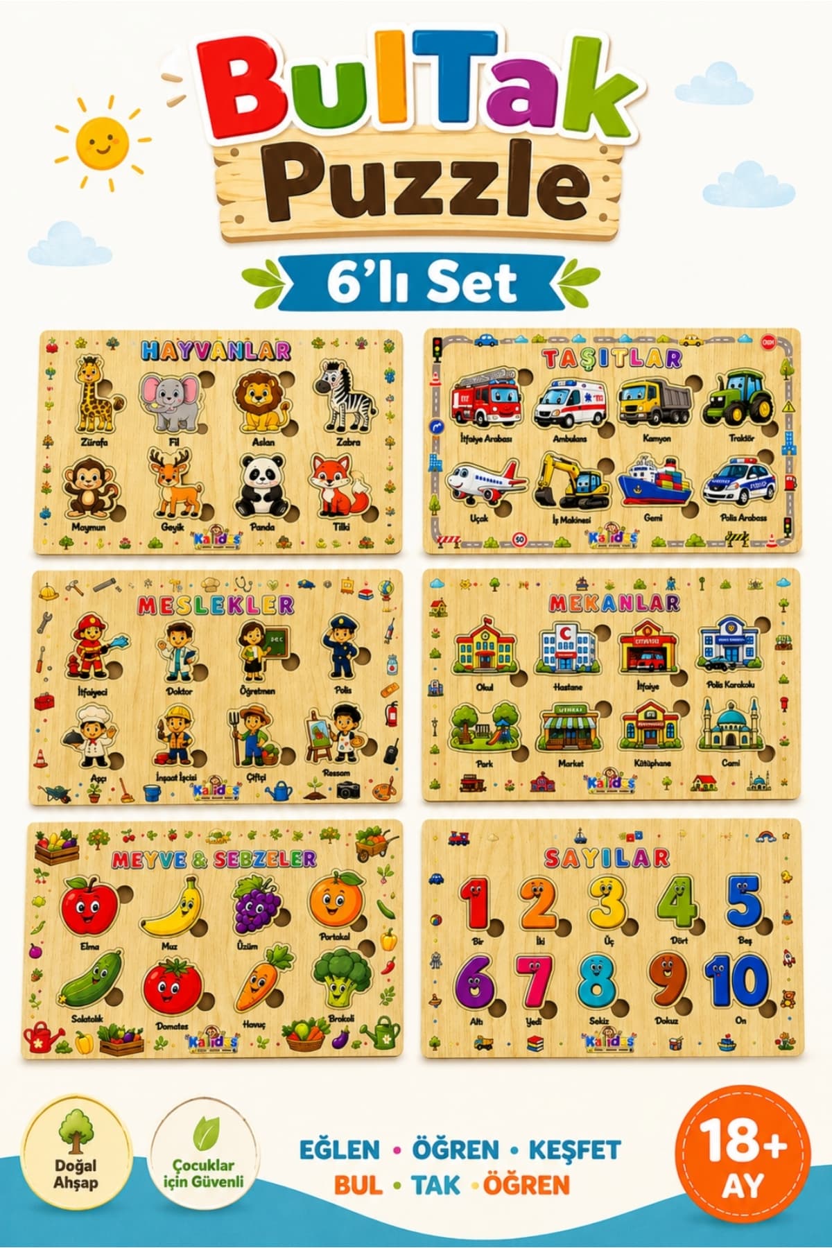 kalides Ahşap Türkçe 6’lı Mega Set Eğitici-Öğretici Bul Tak Yapboz | BulTak Puzzle | Montessori Dikkat ve Eşleştirme Oyunu