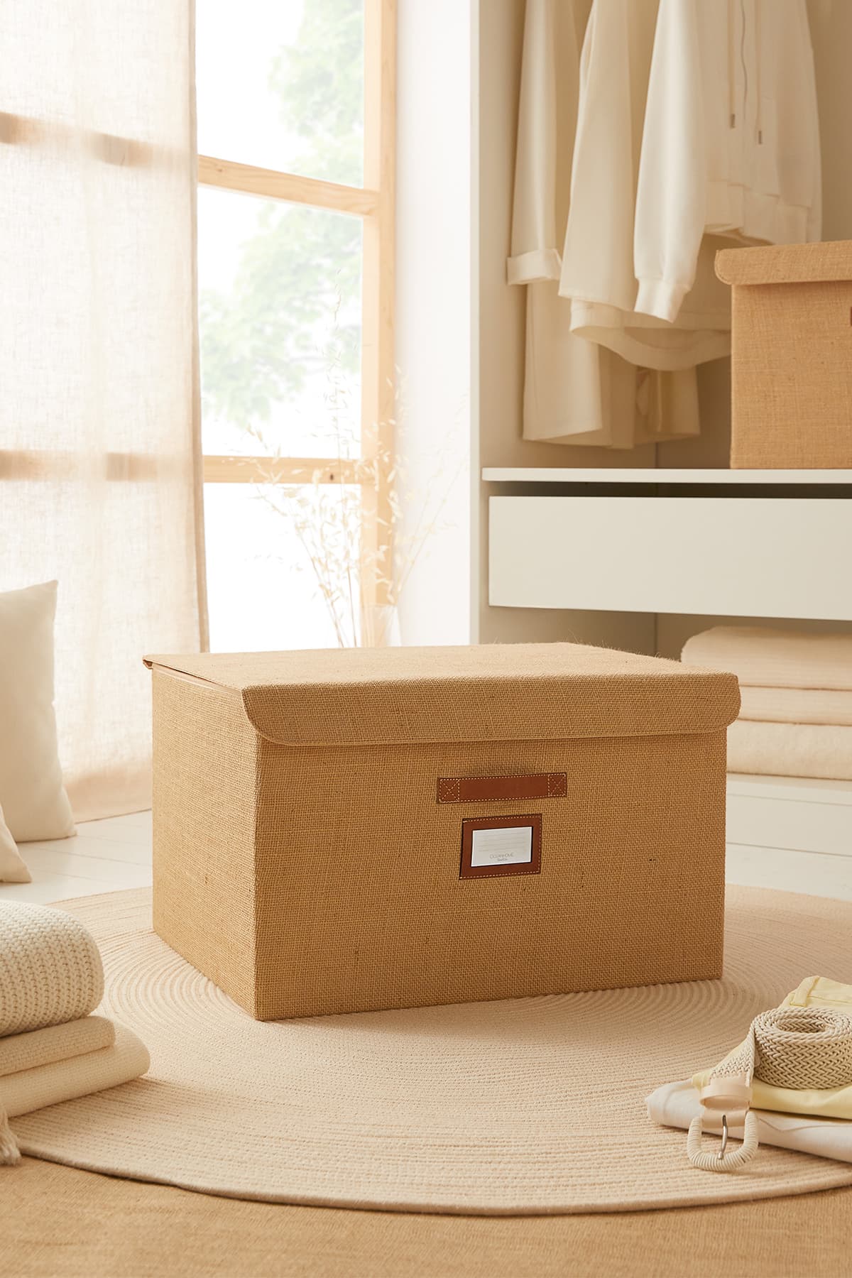 Ocean Home Textile Jüt Kapaklı Dolap İçi Çamaşır Oyuncak Düzenleyici Katlanır Saklama Kutusu 48x40x30