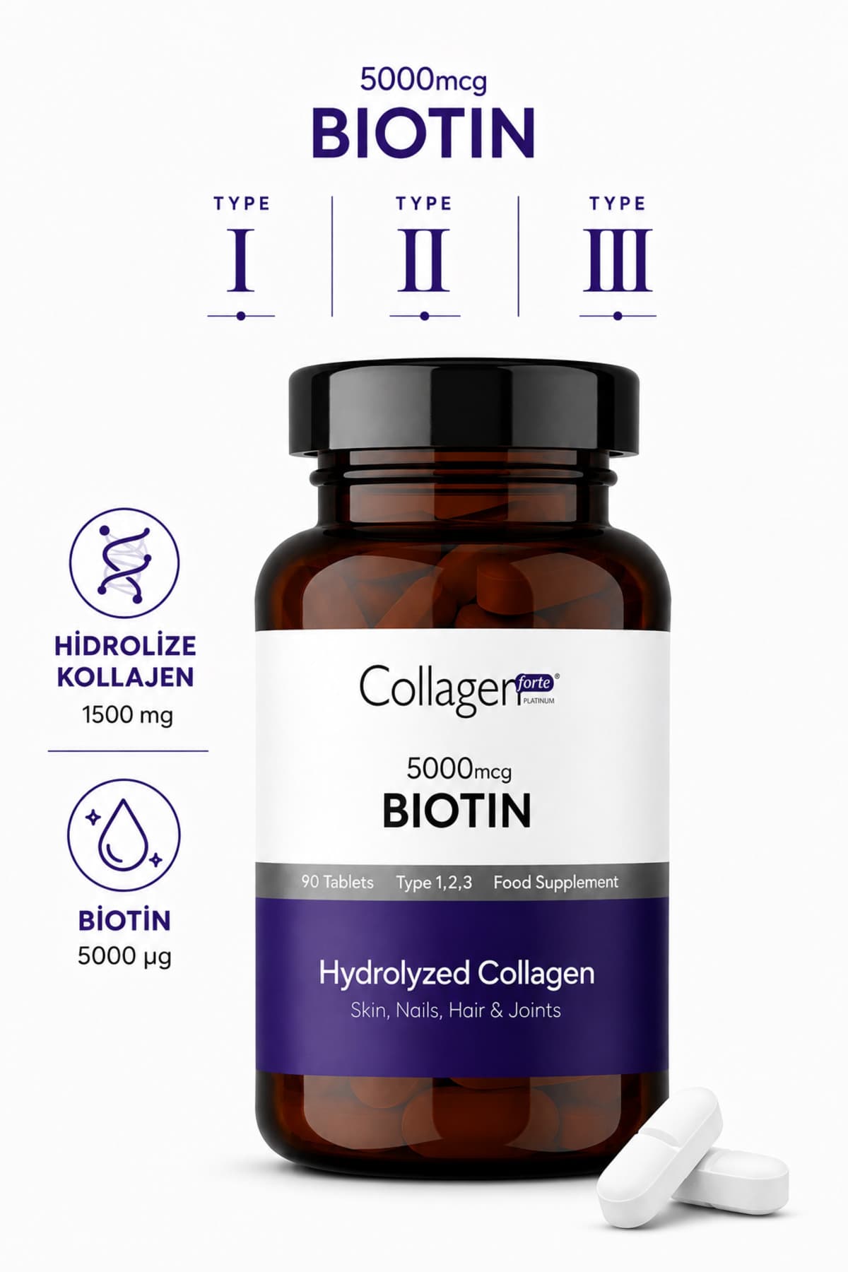 Collagen Forte Platinum Biotin 5000mcg & Kolajen 1500mg X 90 Tablet, Saç Vitamini, Cilt & Tırnak