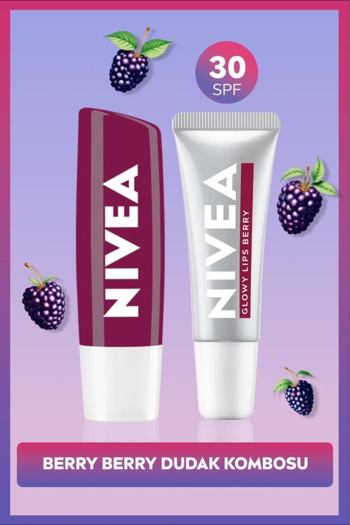 NIVEA Böğürtlen Renkli Dudak Bakım Kremi 4,8gr ve Berry Işıltılı Nemlendirici Dudak Parlatıcısı