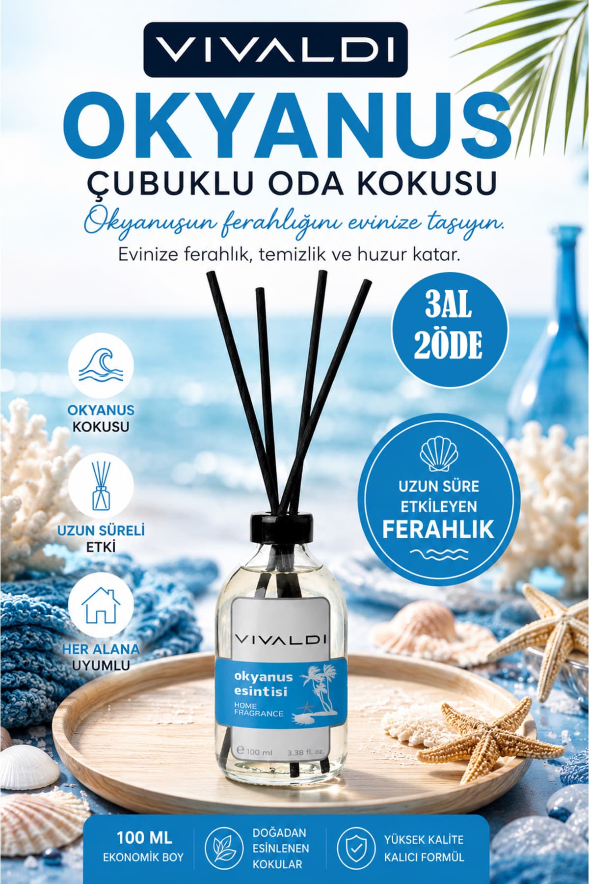 Vivaldi Home Okyanus Çubuklu Oda Kokusu 100 ml, Ferah ve Serin Deniz Esintisi, Uzun Süre Kalıcı Ortam Kokusu
