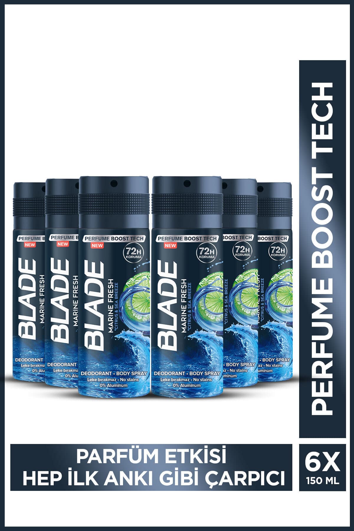 Blade Marine Fresh Erkek Alüminyumsuz Deodorant Body Spray 6x150ml Hızlı Kurur,Leke Bırakmaz