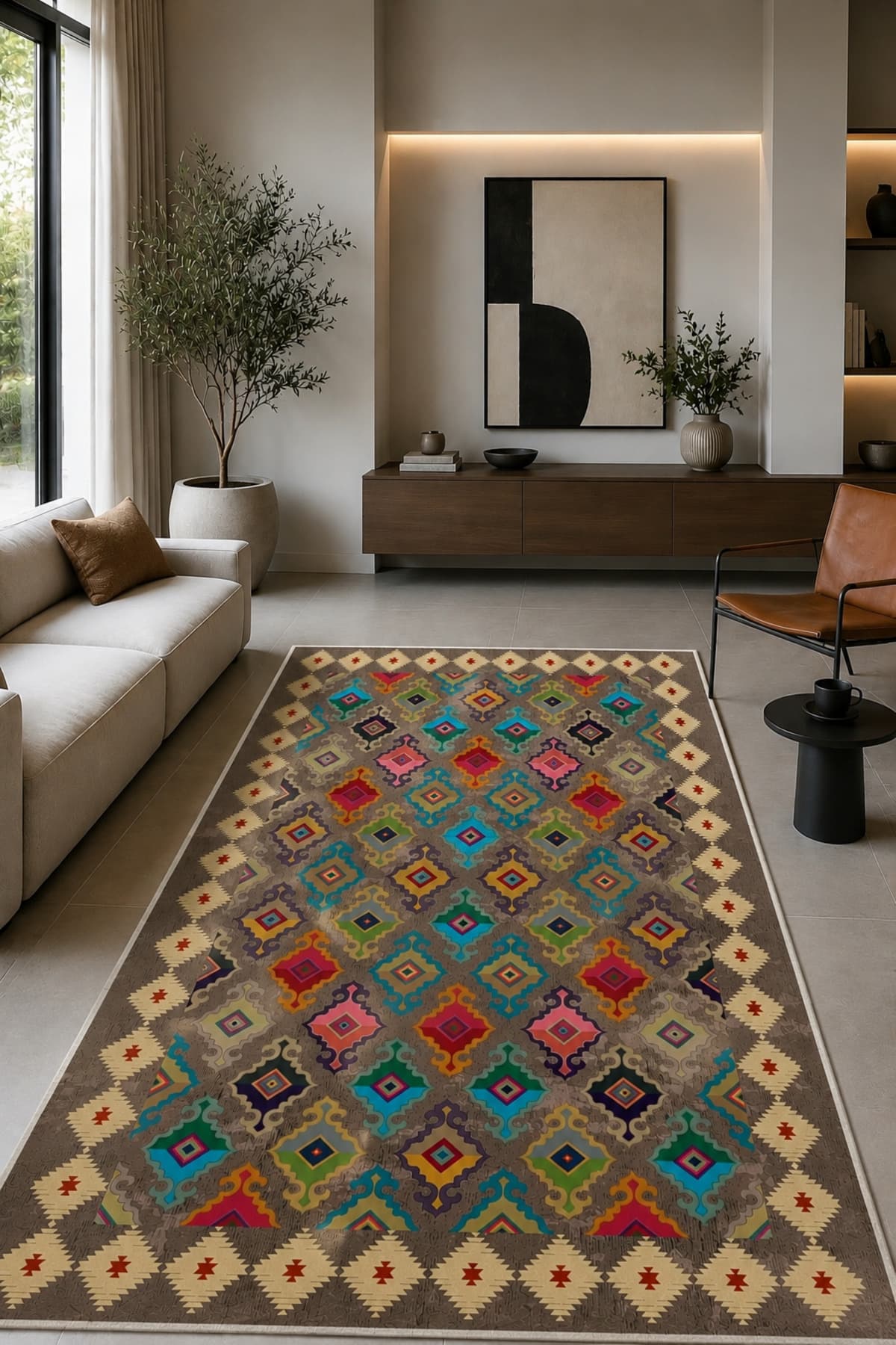 Serteks Yıkanabilir Kaymaz Tabanlı Dekoratif Kilim Halı Salon Halısı Mutfak Antre Oturma Odası Halısı Yolluk