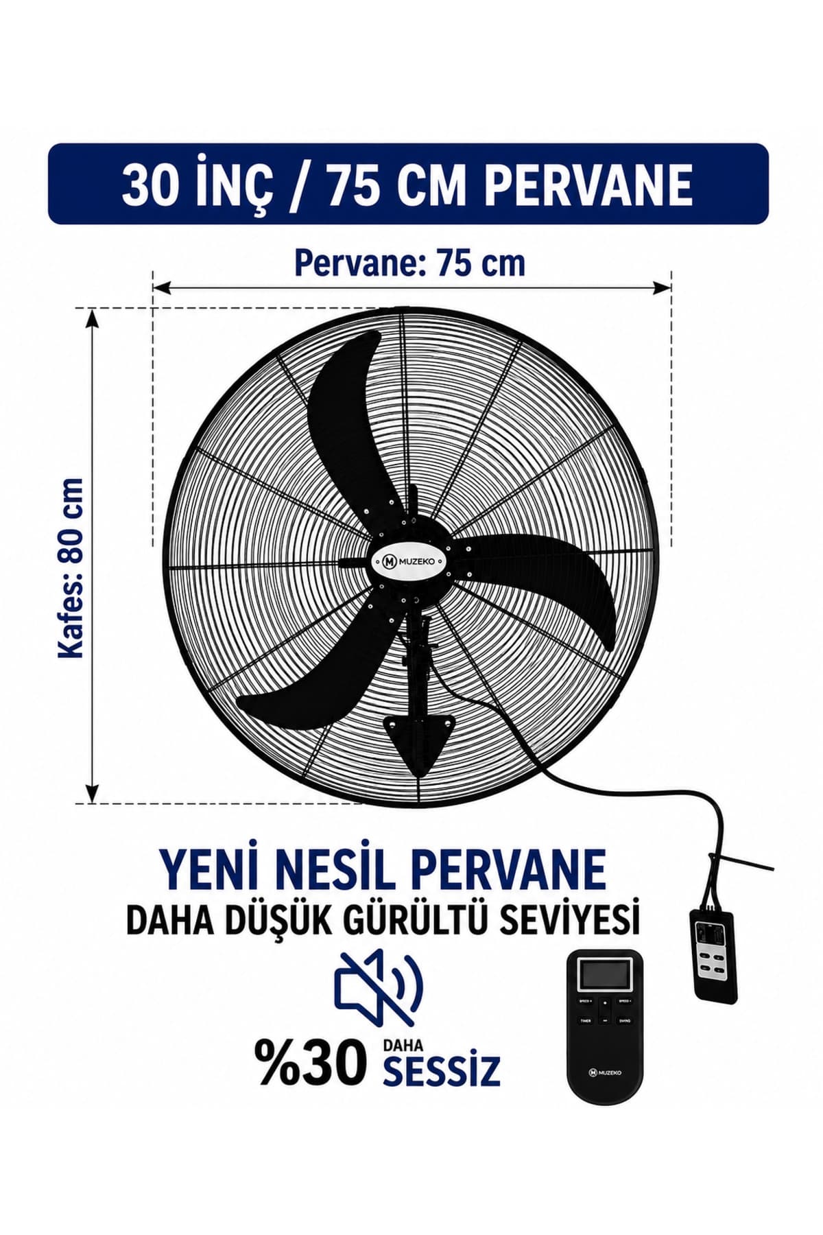 MUZEKO MZK750 30 Inç Sanayi Tipi Mega Kumandalı Duvar Tipi Vantilatör 210w 75cm %100 Bakır Motor EV İÇİN UYGUN DEĞİLDİR