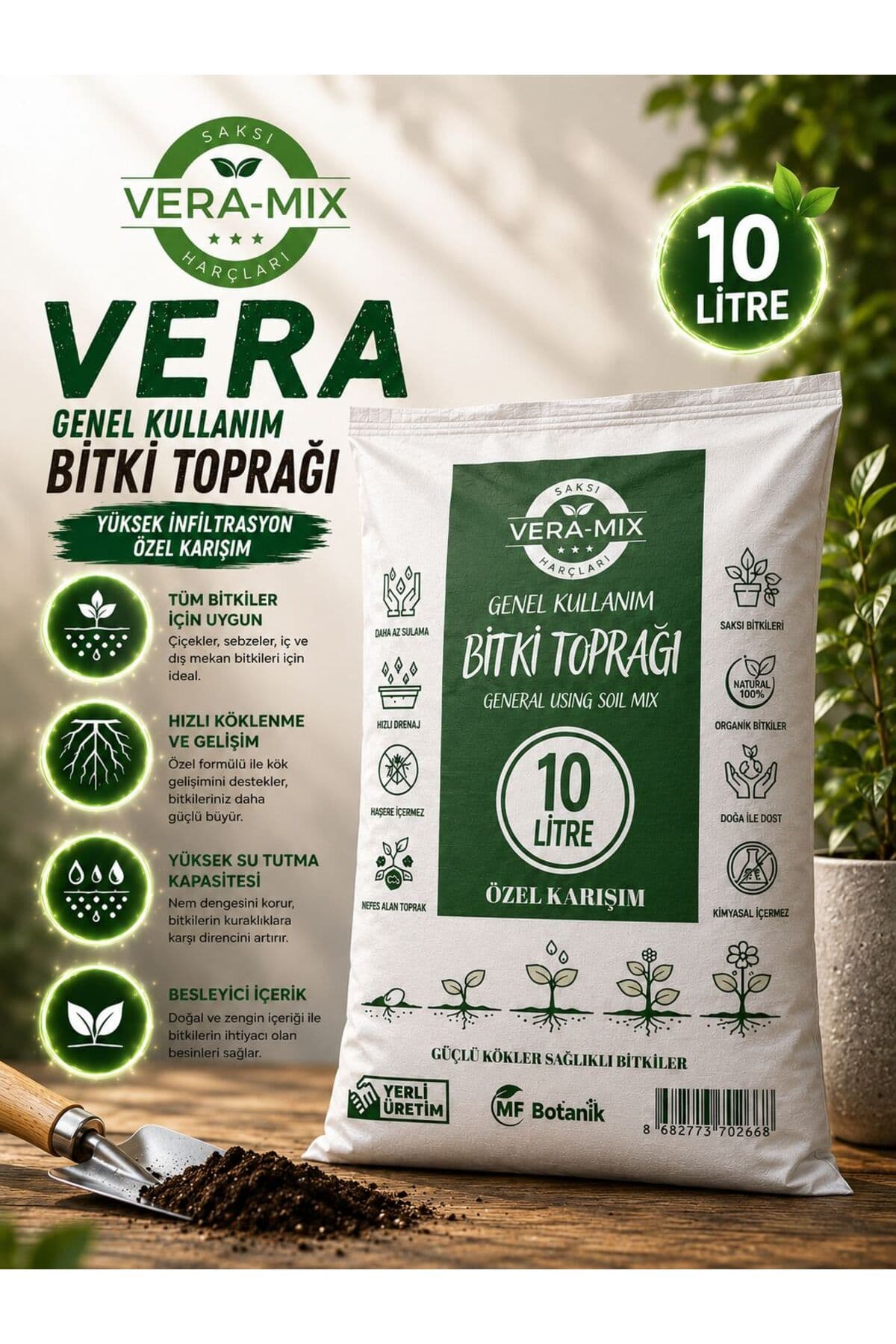 MF Botanik Veramix Özel Karışım Saksı Harcı Ithal Torf - Cocopeat Bitki Toprağı 10 Litre