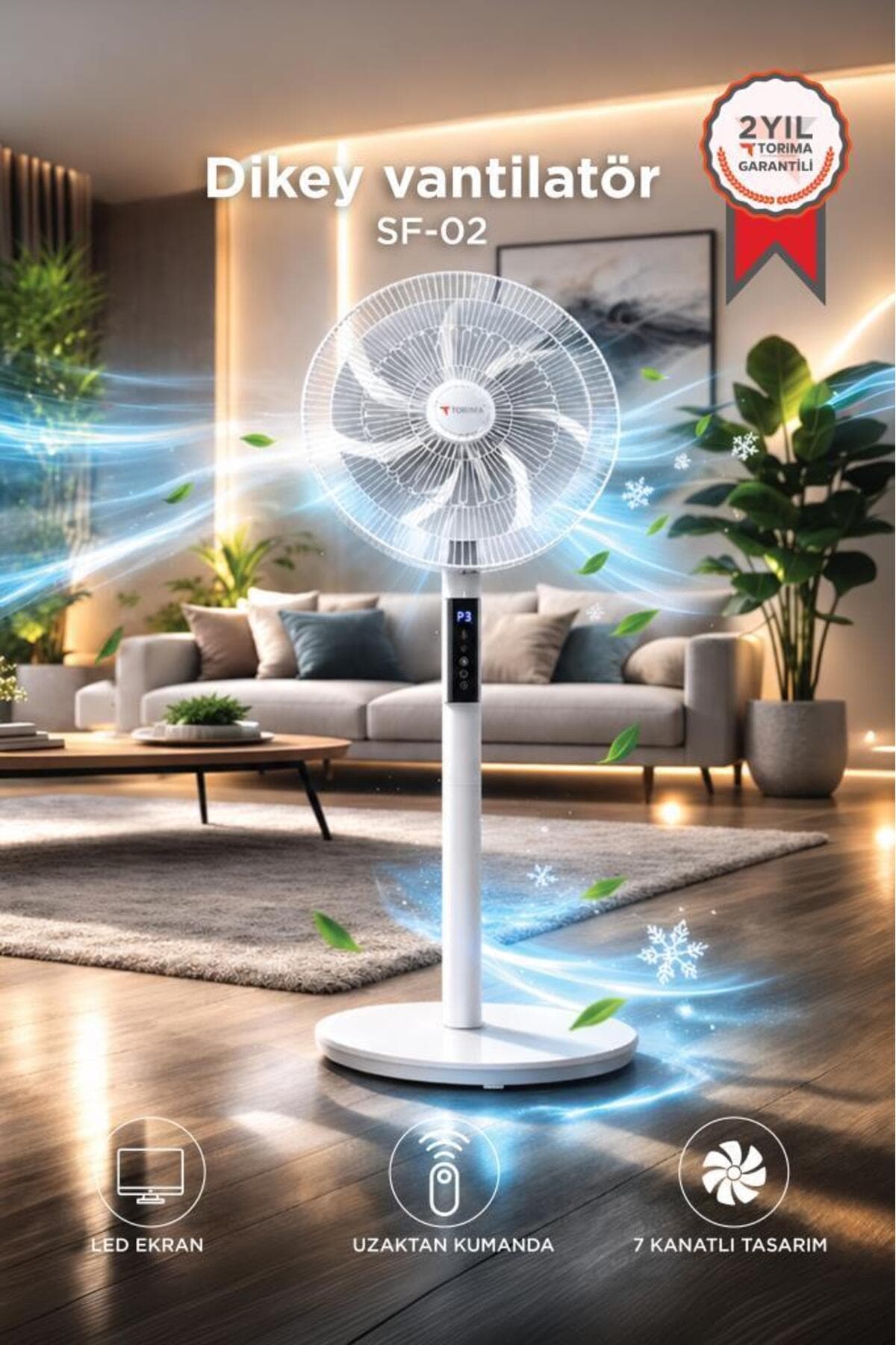 Torima Vantilatör 7 Pervaneli 3 Kademeli Kumandalı Dijital Ekranlı Ayaklı 16 Inc 60W Fan SF02 Beyaz