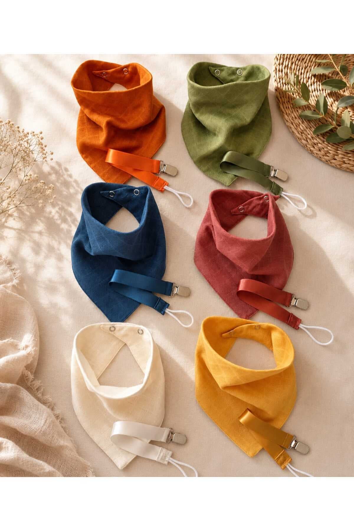 3Baby 12 Parça Set / 6 Adet Müslin Fular, Salya Önlük / 6 Adet Emzik Askısı / Bebek Hediyelik