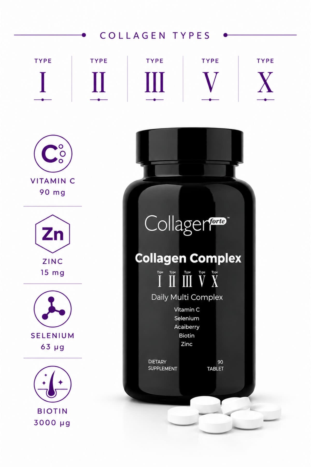 Collagen Forte Platinum 5 Tip Kolajen Complex Tip 1,2,3,5 Ve Tip 10 Biotin, Çinko, Selenyum, Vitamin C & Açai, 90 Tablet