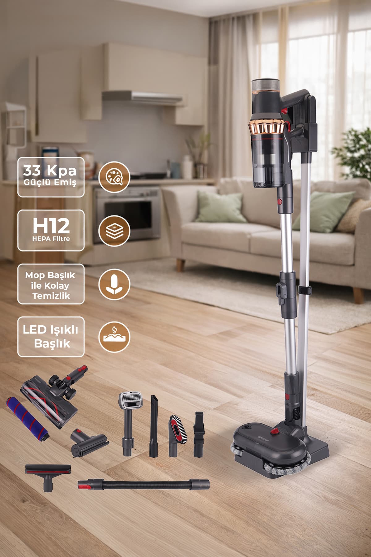 Yasomi Vion Plus V11 33Kpa H12 Hepa Mop Başlık Led Işıklı Turbo Başlık Dikey Süpürge