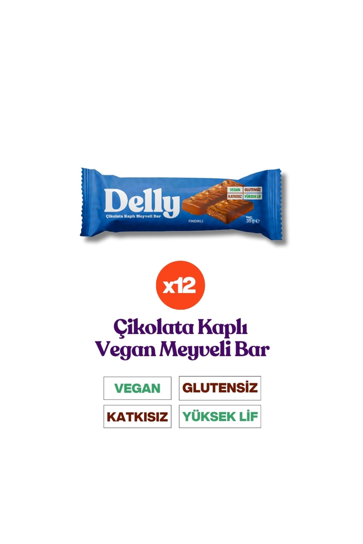 Delly 12 Adet Çikolata Kaplı - Fındıklı Meyveli Bar 35g