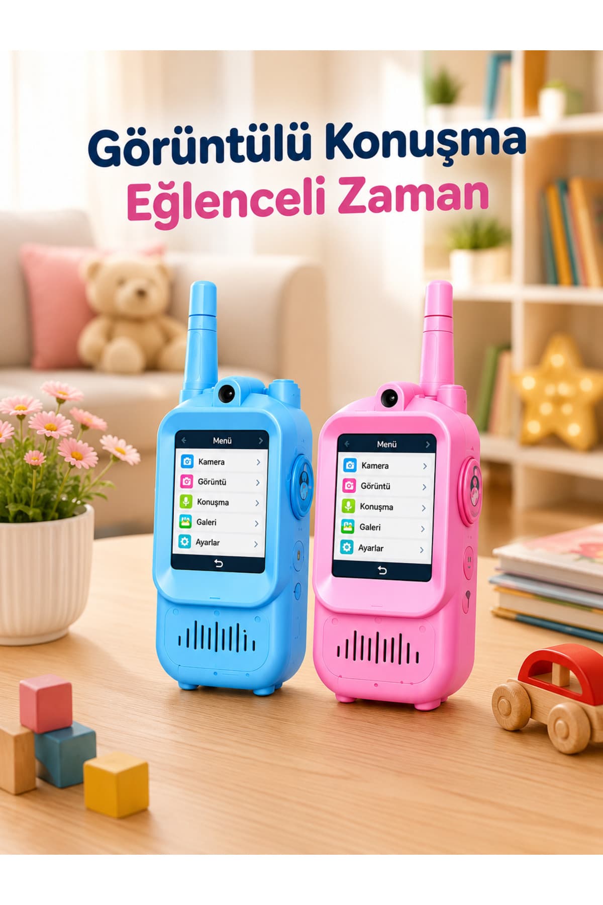 VOOKA Çocuklar İçin Video Walkie Talkie Görüntülü Konuşma Telsizi Uzun Menzilli Şarjlı Eğitici Oyuncak 2'li Set Mavi,Pembe