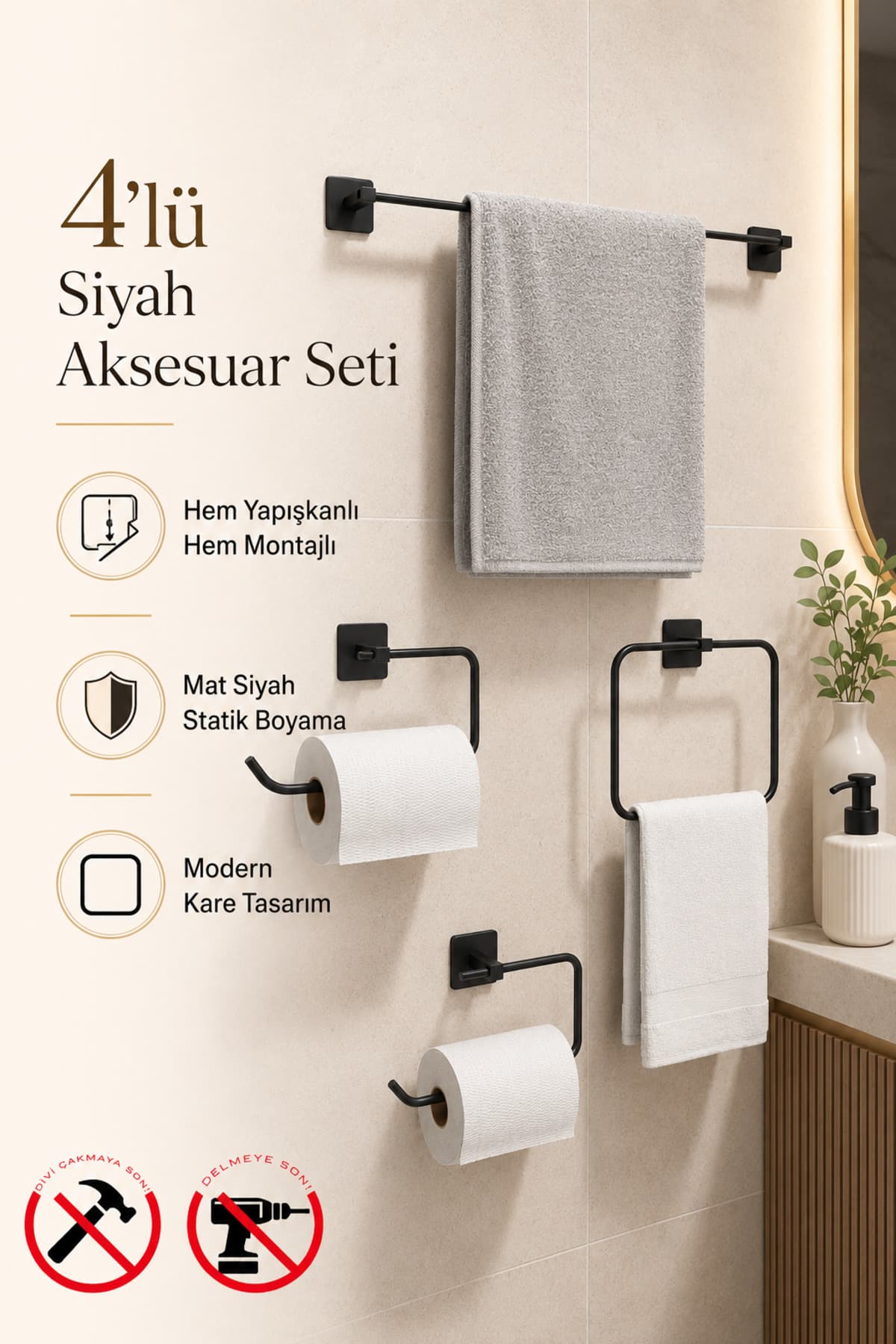 BellaBagno Jasmin Kare Siyah Yapışkanlı 4'lü Banyo Seti - Kağıtlık, Solo Havluluk, Kare Havluluk, Uzun Havluluk