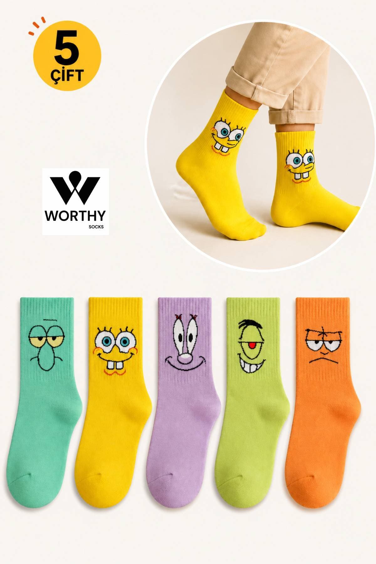 WORTHY SOCKS Unisex Desenli Kolej Çorap Seti 5'li Paket