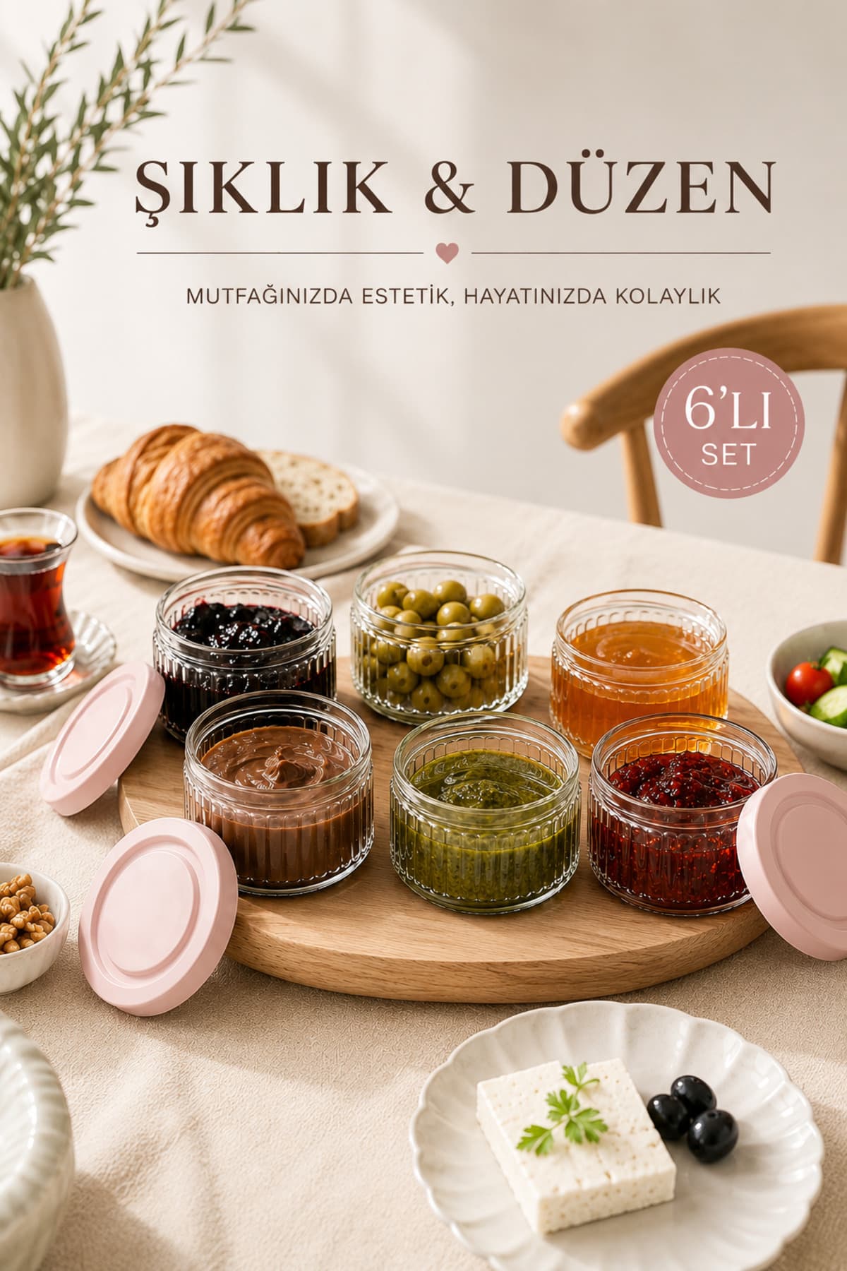 Zuri Design 6'Lı Hava Geçirmez Cam Kahvaltılık Seti - 140 Cc | Pudra Kapaklı, Sızdırmaz Saklama Kabı Küçük Boy