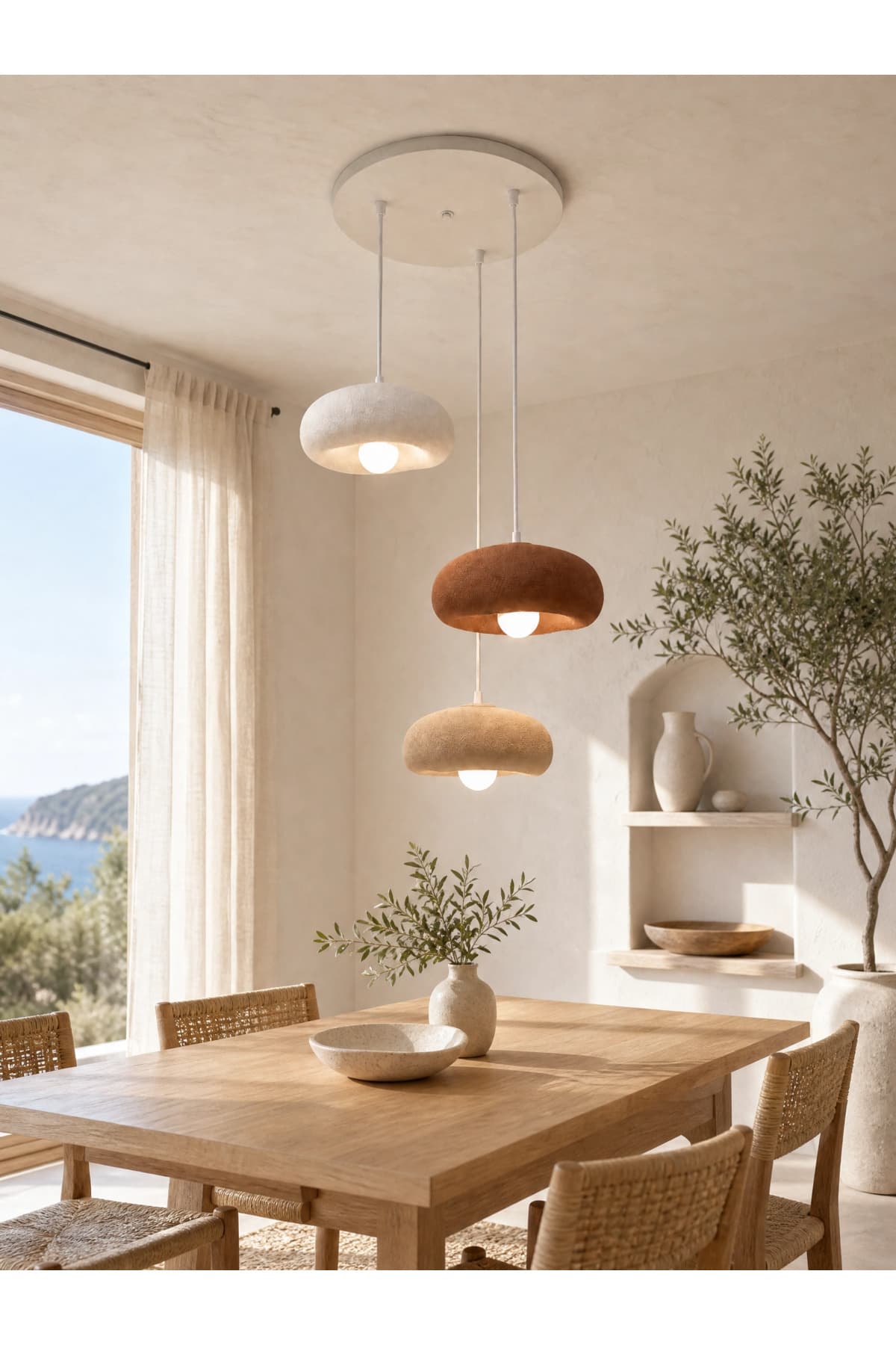 Dropcek eticaret Japandi 3'lü Sarkıt avize Yascelys İskandinav ve Rustik Modern Modern 3'lü Sarkıt Avize Beyaz Taş Dokulu Dekoratif Yemek Masası Salon Mutfak E27 Avize