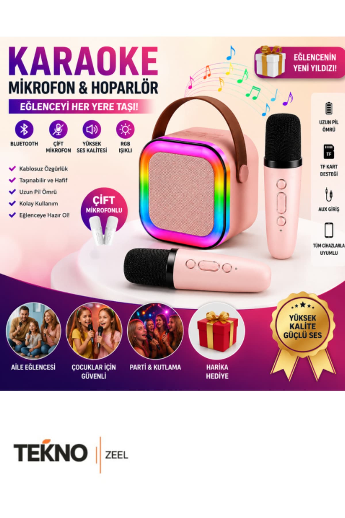 teknozeel Çift Mikrofonlu Karaoke 5 Ses Efektli Rgb Işıklı Bluetooth Kablosuz Hoparlör