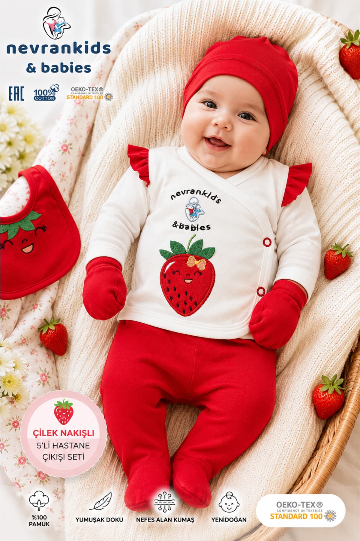 bkm22 Nevrankids Çilek Nakışlı Yenidoğan 5'li Hastane Çıkışı Seti
