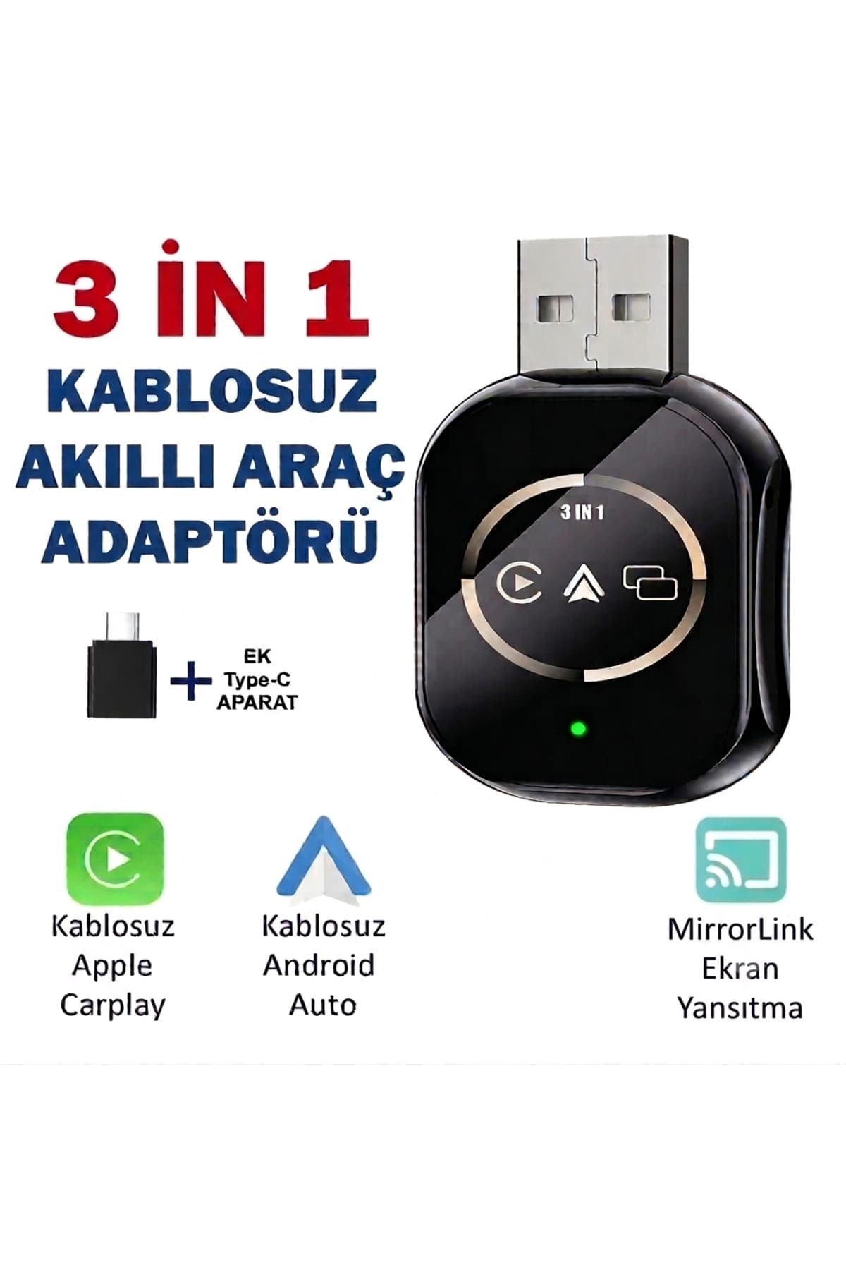 RADOON Yeni Tasarım Mini Kablosuz Carplay Usb ve Type-c Uyumlu Araç Multimedya Adaptörü